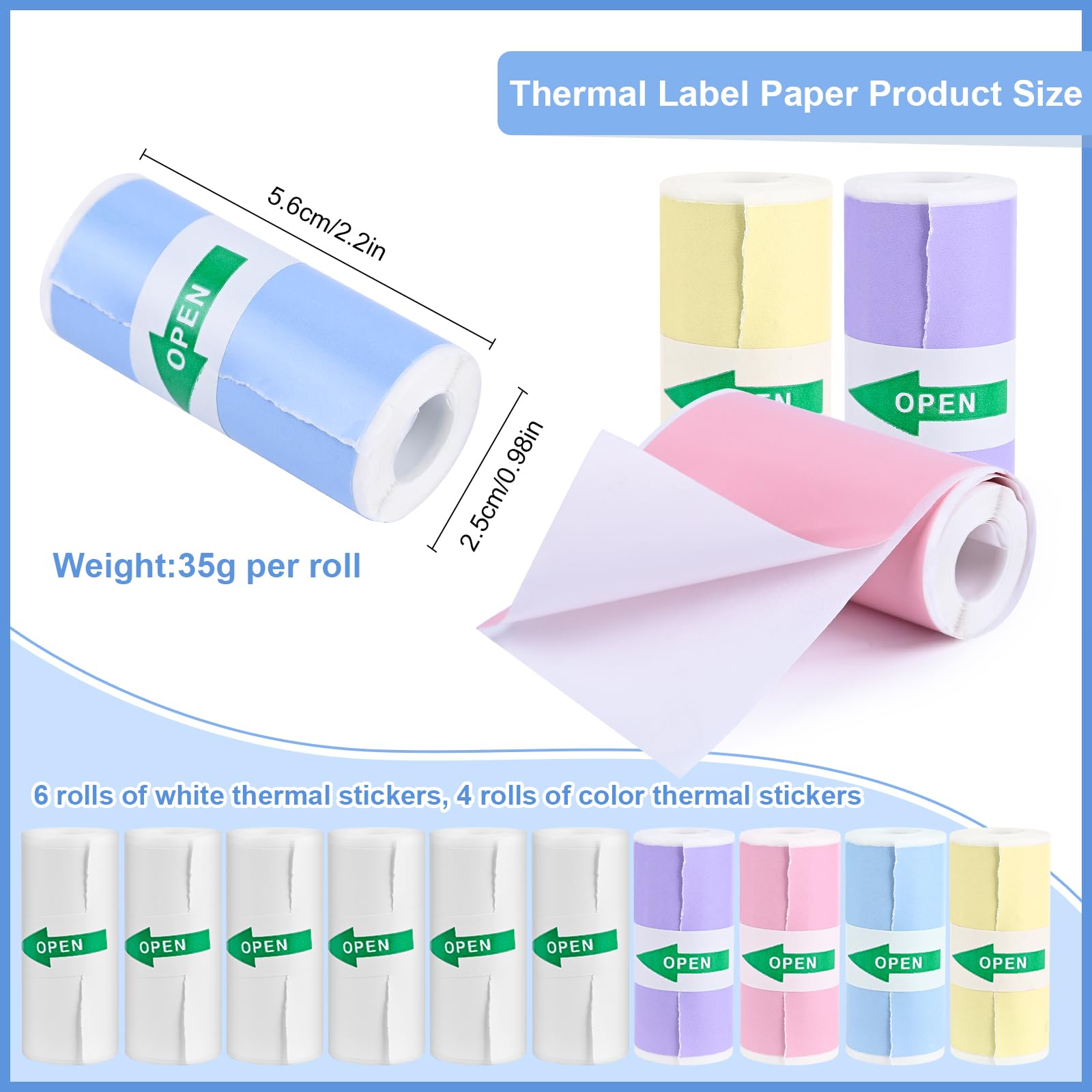 Papier Thermique Auto-adhésif Blanc 57x25mm 10 Rouleaux pour Mini Imprimante Sans Encre