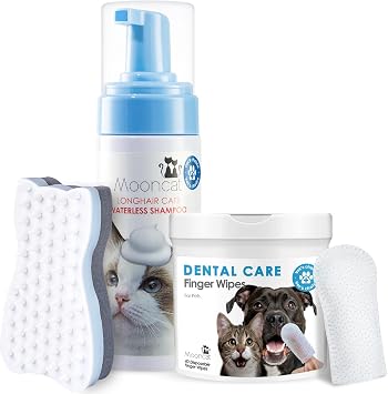 Mooncat Waterless Shampoo & Brush Kit for Longhair Cats + Dental Finger Wipes Bundle - Licking Safe Foam Detangler, Breath Freshening Wipes 40 Count