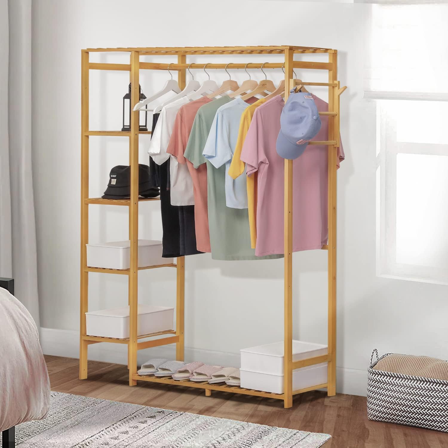 MoNiBloom Bamboo 6-Tier Garment Rack with Shelves Closet Coat Storage Organizer Clothes Hanging Rack with Pants Rack & Hooks for Bedroom, Living Room, Office, Mudroom, Natural,A01A1A006A1