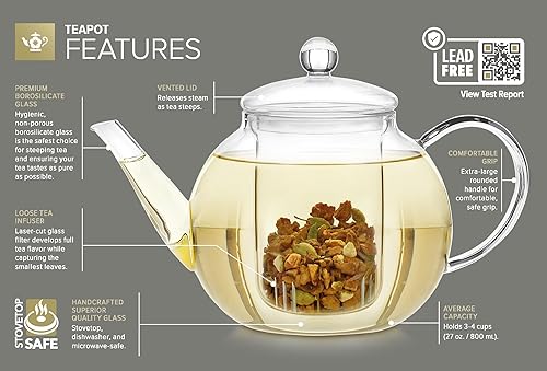 Miniatura 4 de Tetera de vidrio Teabloom segura para estufa y microondas con infusor de té de vidrio extraíble – Incluye 2 tés florecientes – Hervidor de té