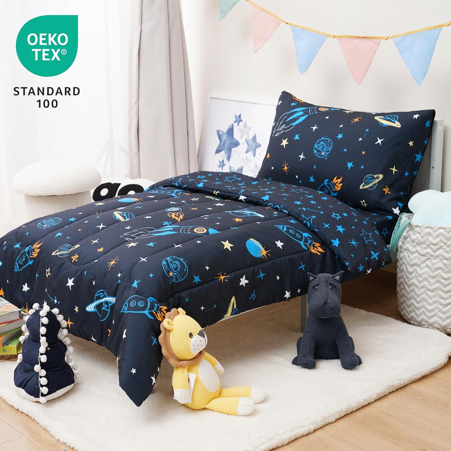 david's kids 4 Piece Toddler Bedding Set - Soft Breathable Toddler Bedding Set for Boys Girls, Includes Quilted Comforter, Flat Sheet, Fitted Sheet and Pillowcase, Space - Image 2