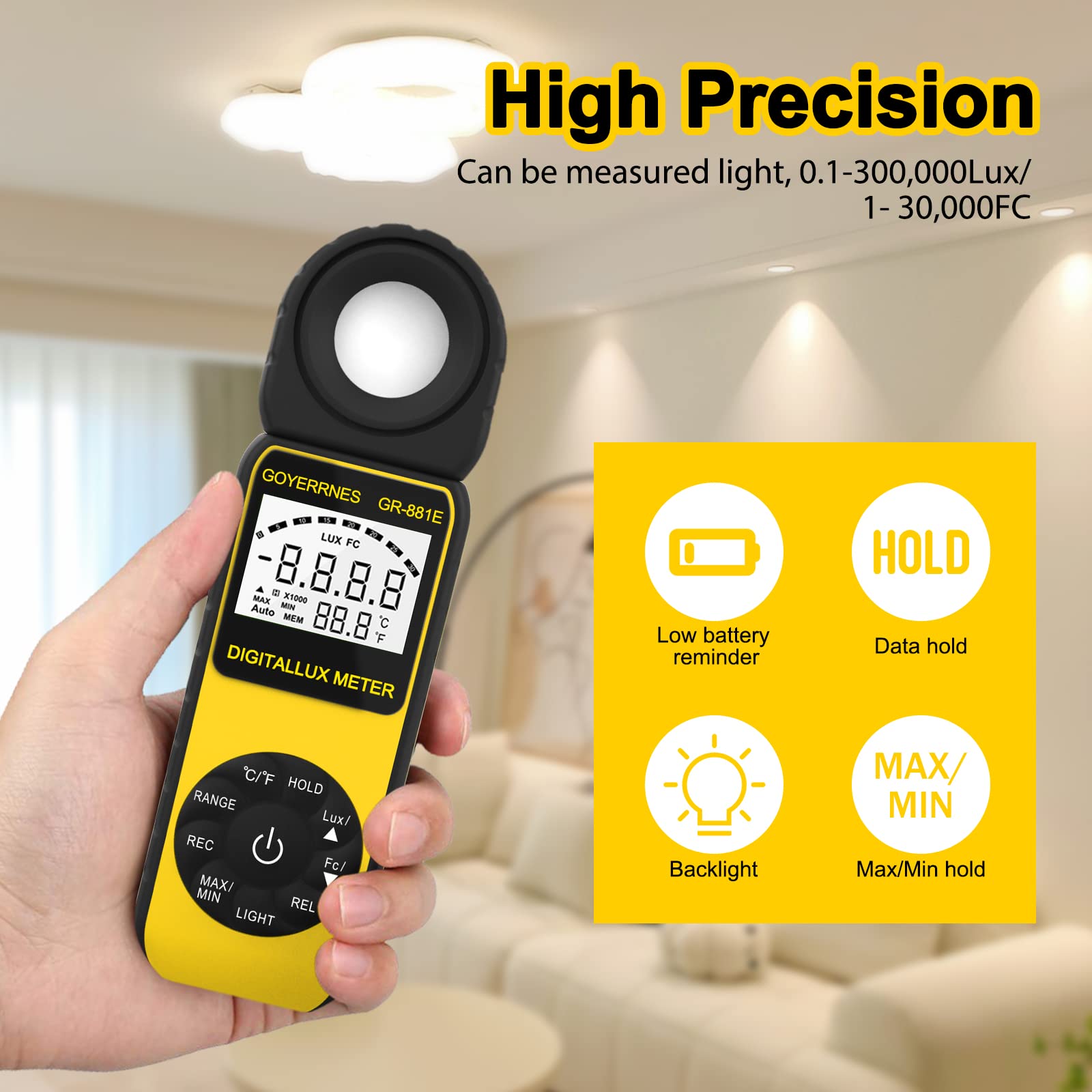 Medidor de luz medidor de iluminancia Digital, GR-881E Lux Meter de Mano de iluminación de Temperatura Ambiente Mide hasta 300.000 Lux fotómetro con 270º Detector Giratorio para fotografía LED.