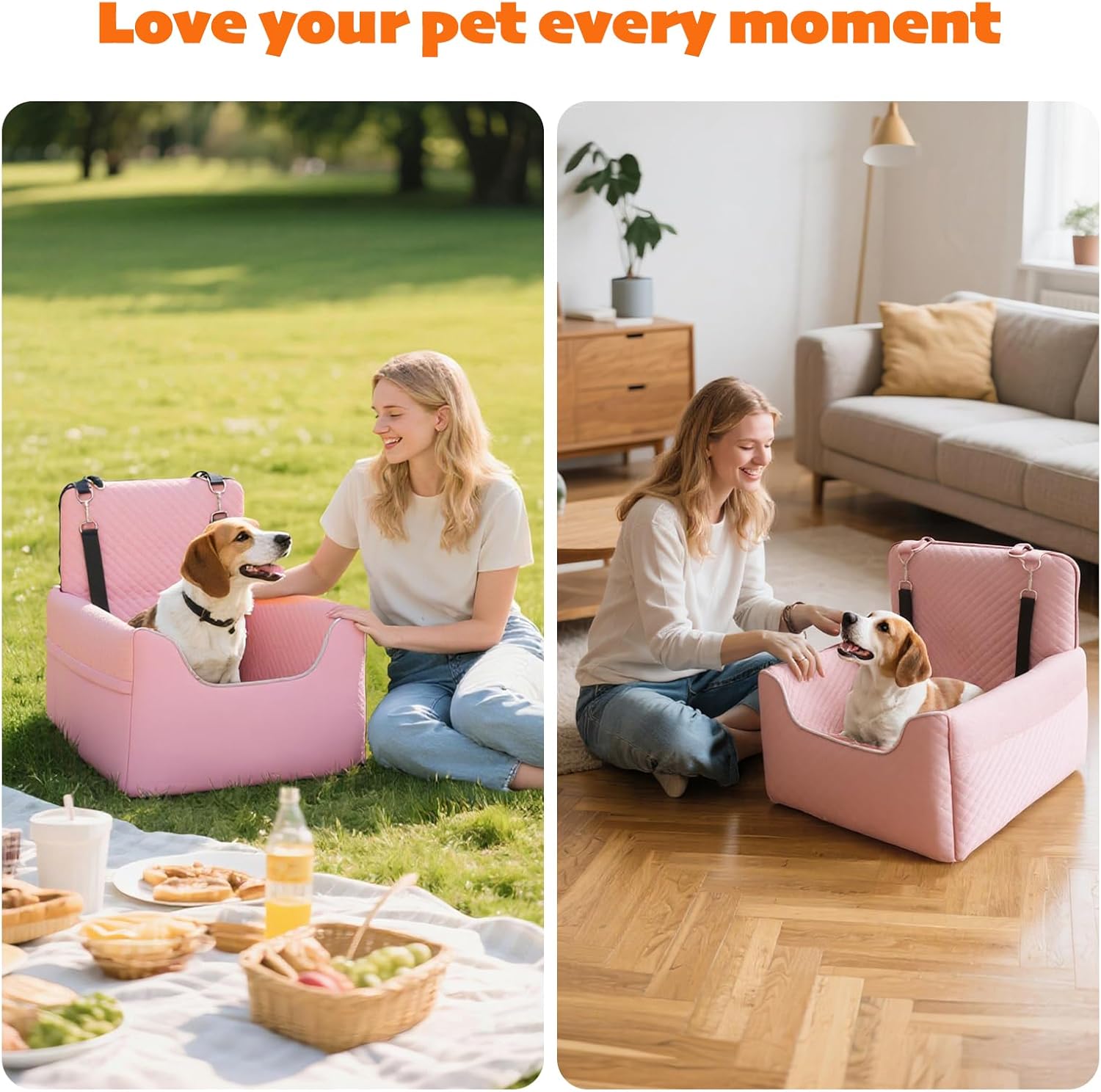 ALL GOOD PET SUPPLIES Dog Car Seat for Small/Medium Dogs Under 35lbs, Soft Booster Car Seat with Detachable Washable Cover and Cushion, Puppy Dog Car Bed, Pink