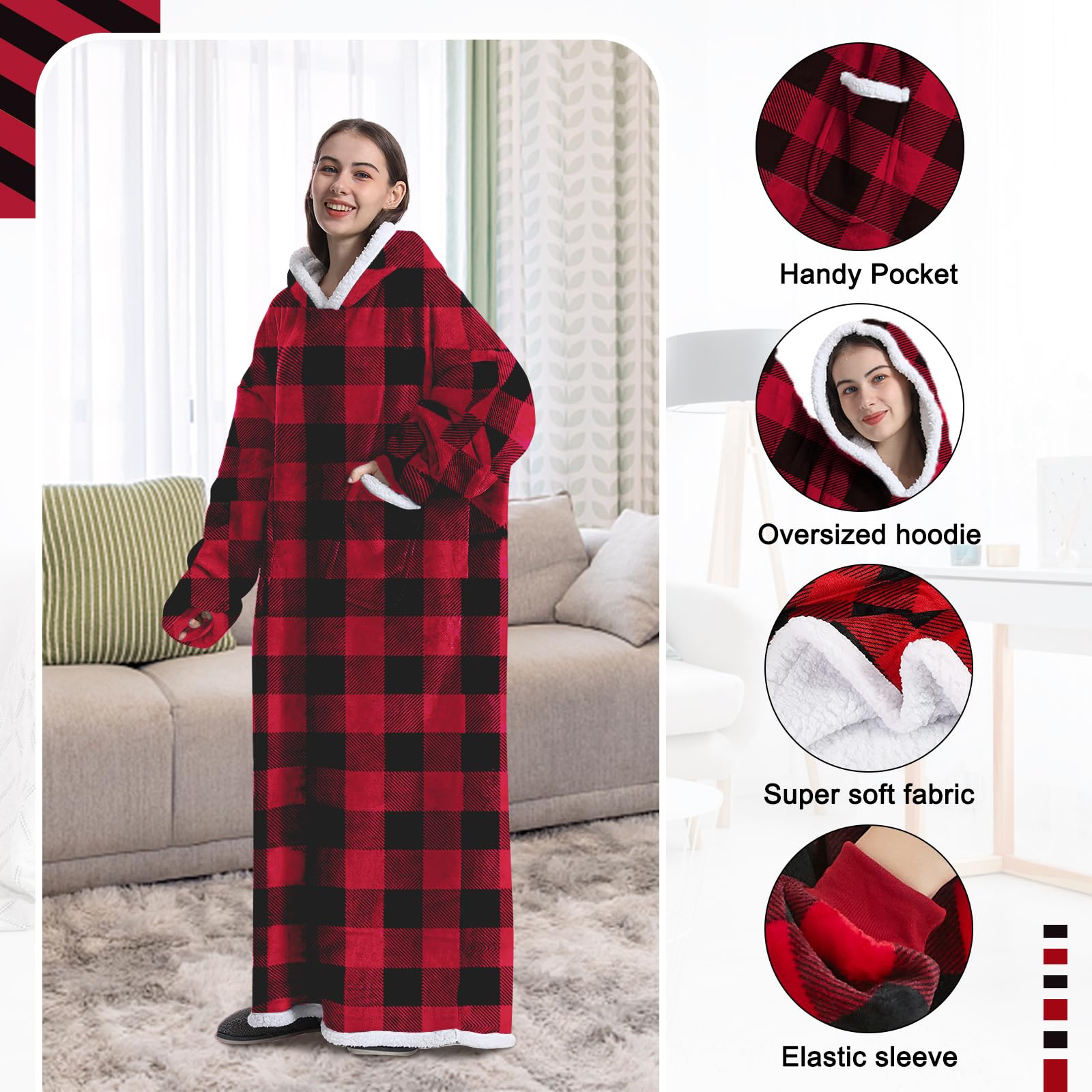 Bardzo długi koc oversize z kapturem, super ciepły, miękki koc z kapturem Sherpa, wygodny do noszenia, przytulny koc, bluza z dużymi kieszeniami, jeden rozmiar, pasuje do wszystkich mężczyzn, kobiet,