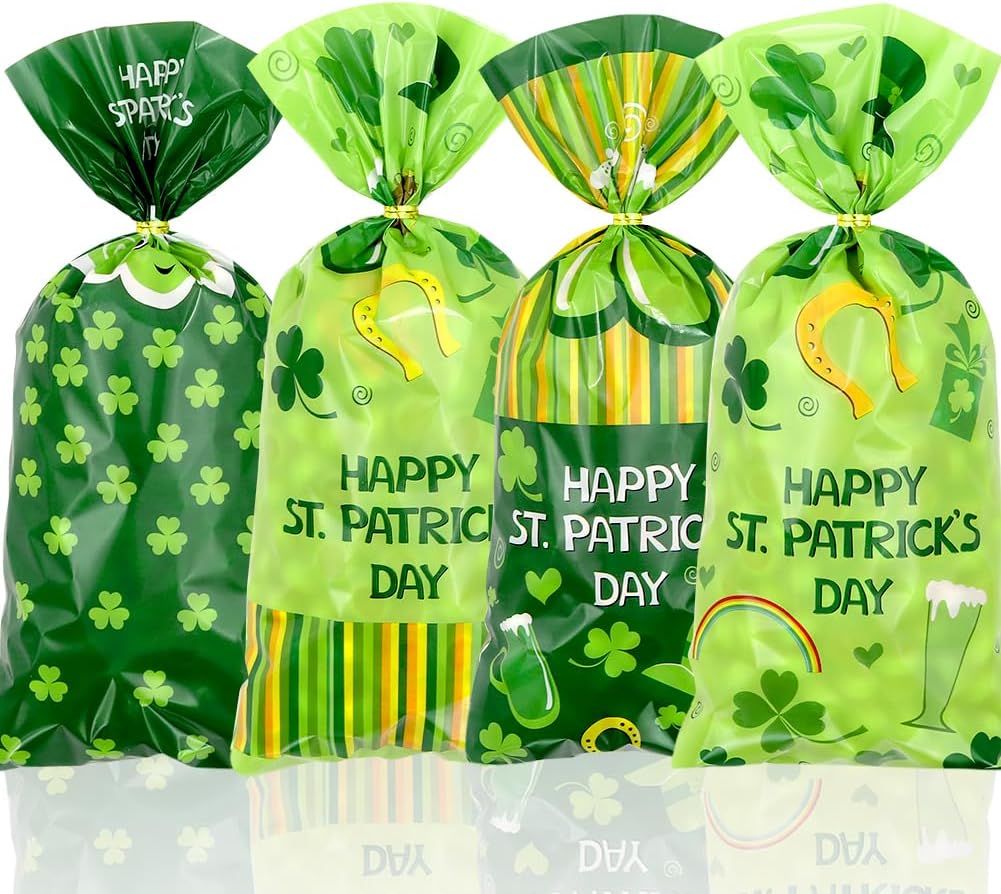 100 Pieces St. Patrick's Day Goodies Cellophane Bags, Leprechaun Hat Rainbow Beer Shamrock HAPPY ST. PATRICK'S DAY Plastic Candy Cookie Treat Gift Bags for Saint Patrick's Day Party Favor Supplies