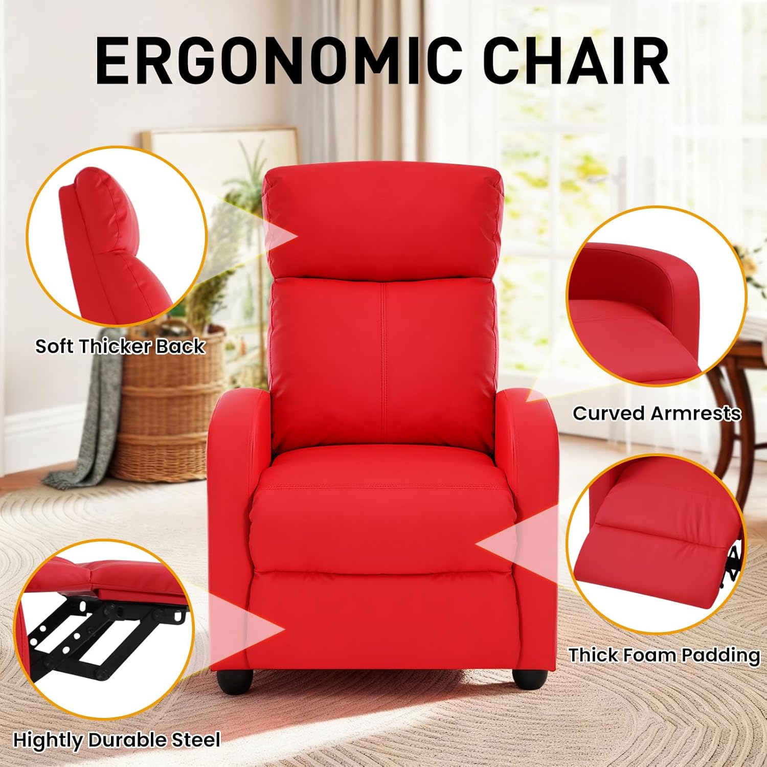 BLKMTY Massage Recliner Chair for Living Room, Single Sofa Recliner Adjustable Reading Chairs Modern Ergonomic Recliner Club Chair Home Theater Seating Massage Leather Lounge, Red