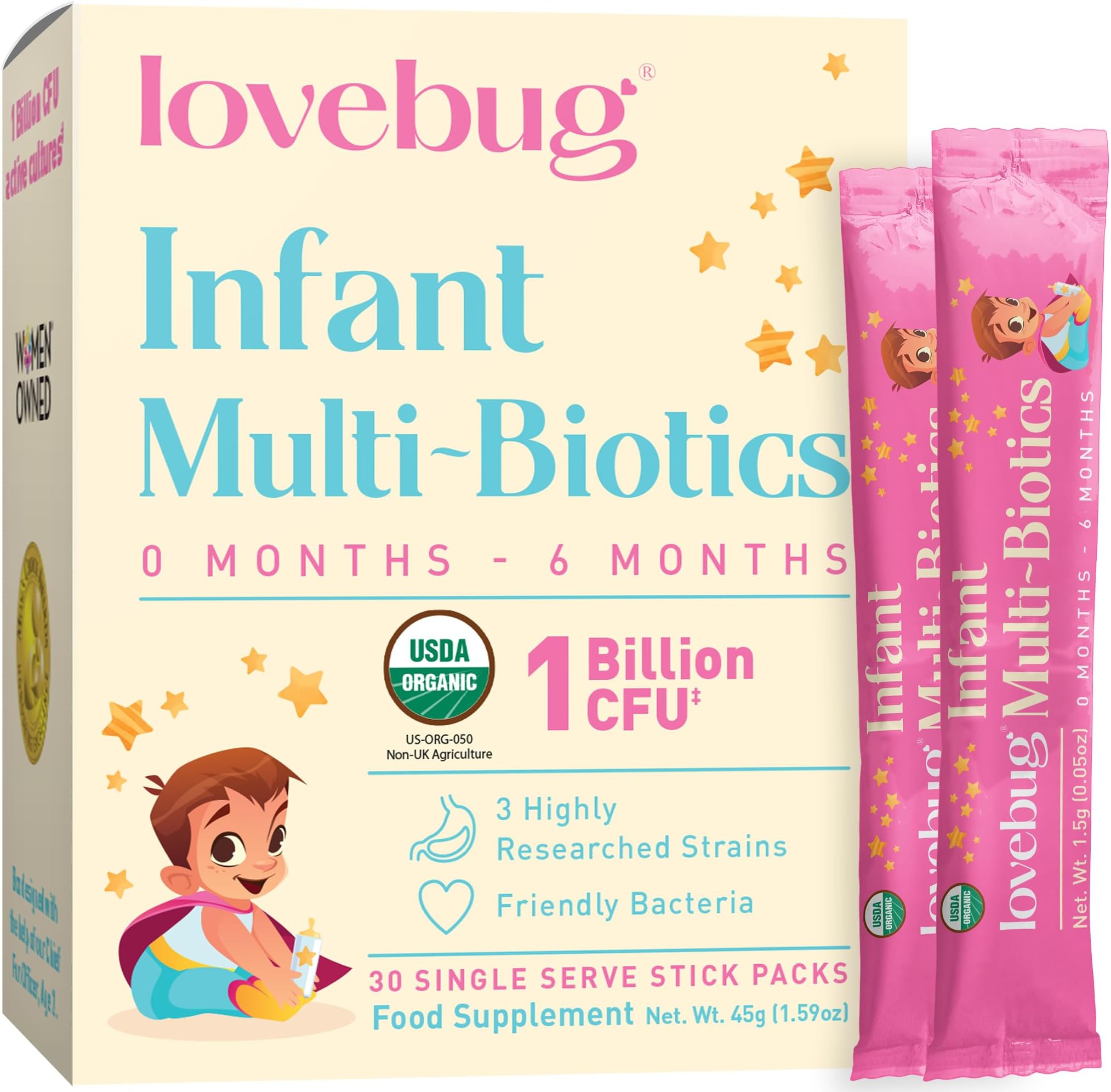 Lovebug Baby Probiotic Powder – 1 Billion CFU Multi-Strain Formula with Prebiotic - Friendly Bio Cultures for Newborns, Babies and Infants (0-6 Months) - 30 Sugar Free & Unflavoured Sachet Pack