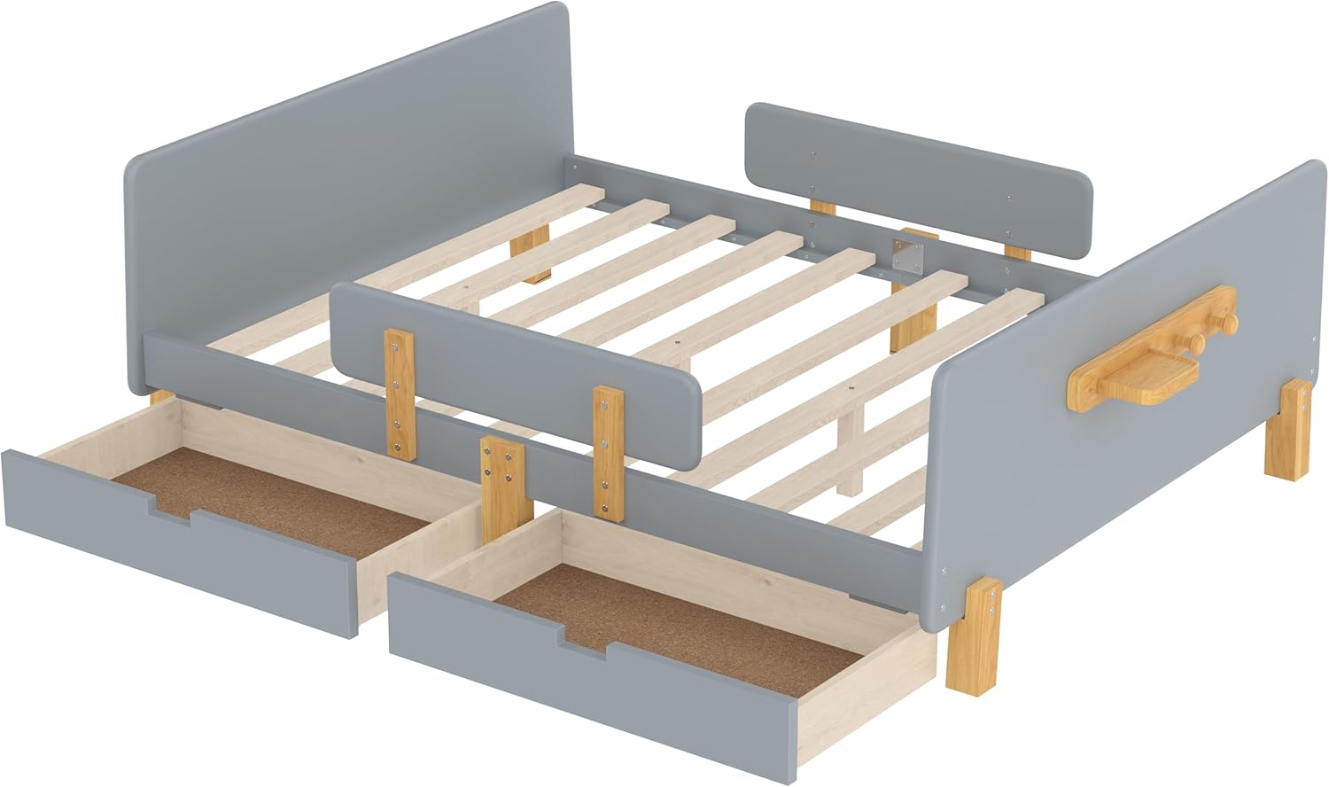 Full Platform Bed with Storage Drawers and Both Sides Guardrails for Kids, Low Profile Modern Full Bed Frame with Guardrail, Small Shelf and Hooks, Gray