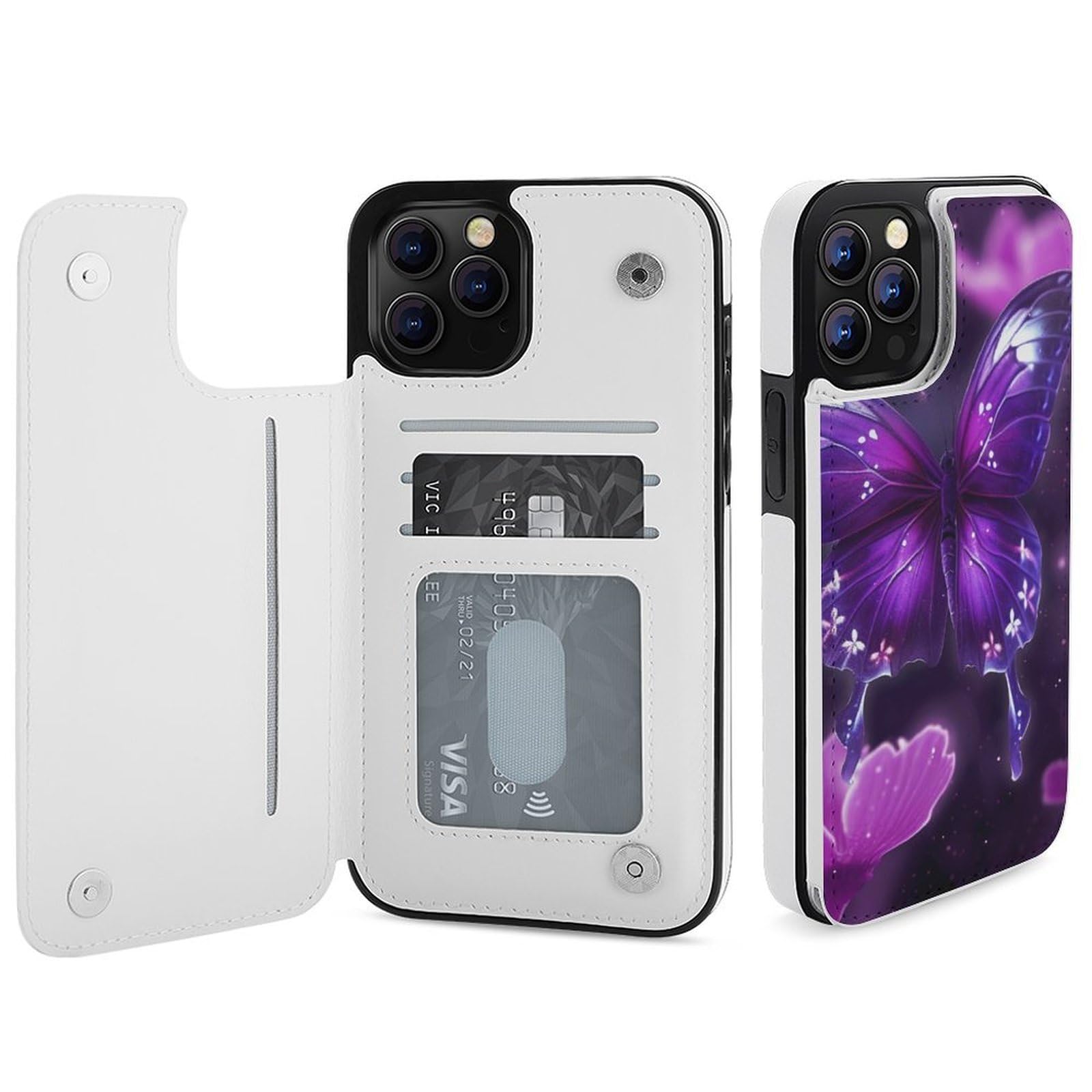 Fundas tipo cartera para iPhone 12 Pro Max, diseño de mariposas moradas, funda de piel con ranuras para tarjetas