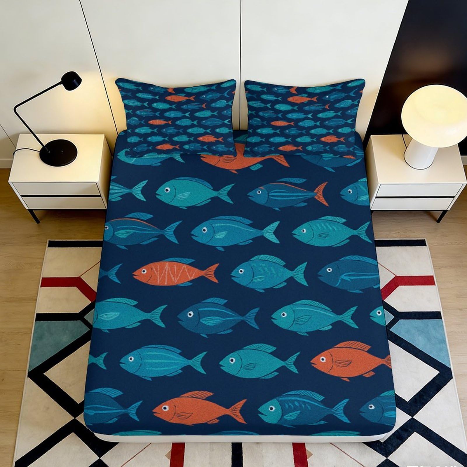 Jqzkxnhpbr Style-10 3D Printed Blue Orange Fish Fitted Sheet Microfiber Soft Breathable Ocean Theme Bed Cover For Bedroom Dorm Decor 90X200x25cm