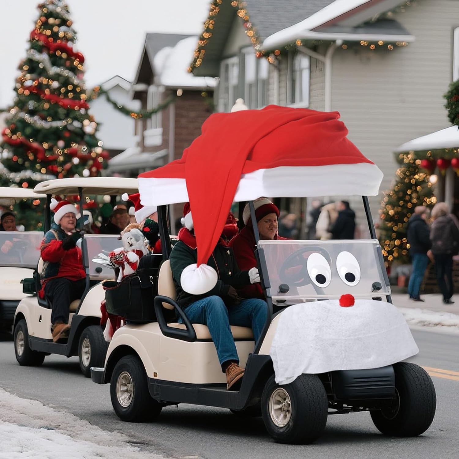 Timtin 6 Set 8 Pcs Christmas Golf Cart Decoration Kit Christmas Golf Cart Accessories Large Santa Hat Car Cover Extra Large Movable Eyes Snow Cotton Red Balls with Card Tape for Truck Handcart