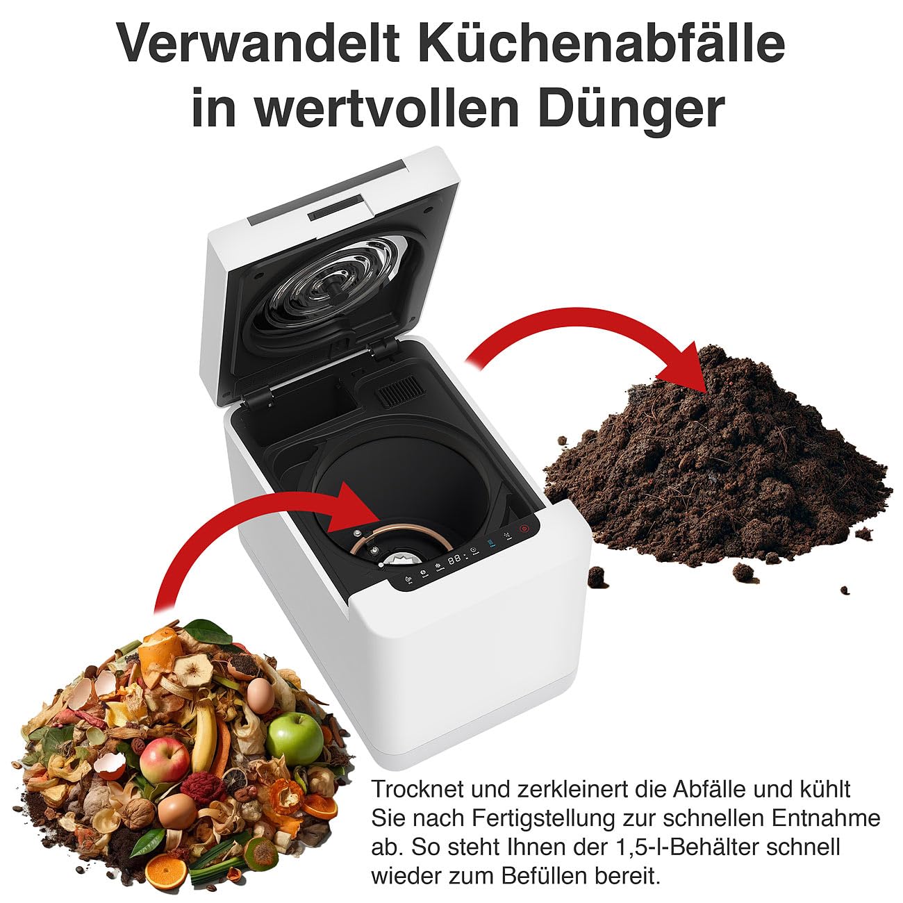 Rosenstein & Söhne Komposter: Elektrischer Kompostierer mit LCD-Display, 1,5 Liter, 350 W, Autoclean (Küchenkomposter elektrisch, Elektro Komposter, Geruch)
