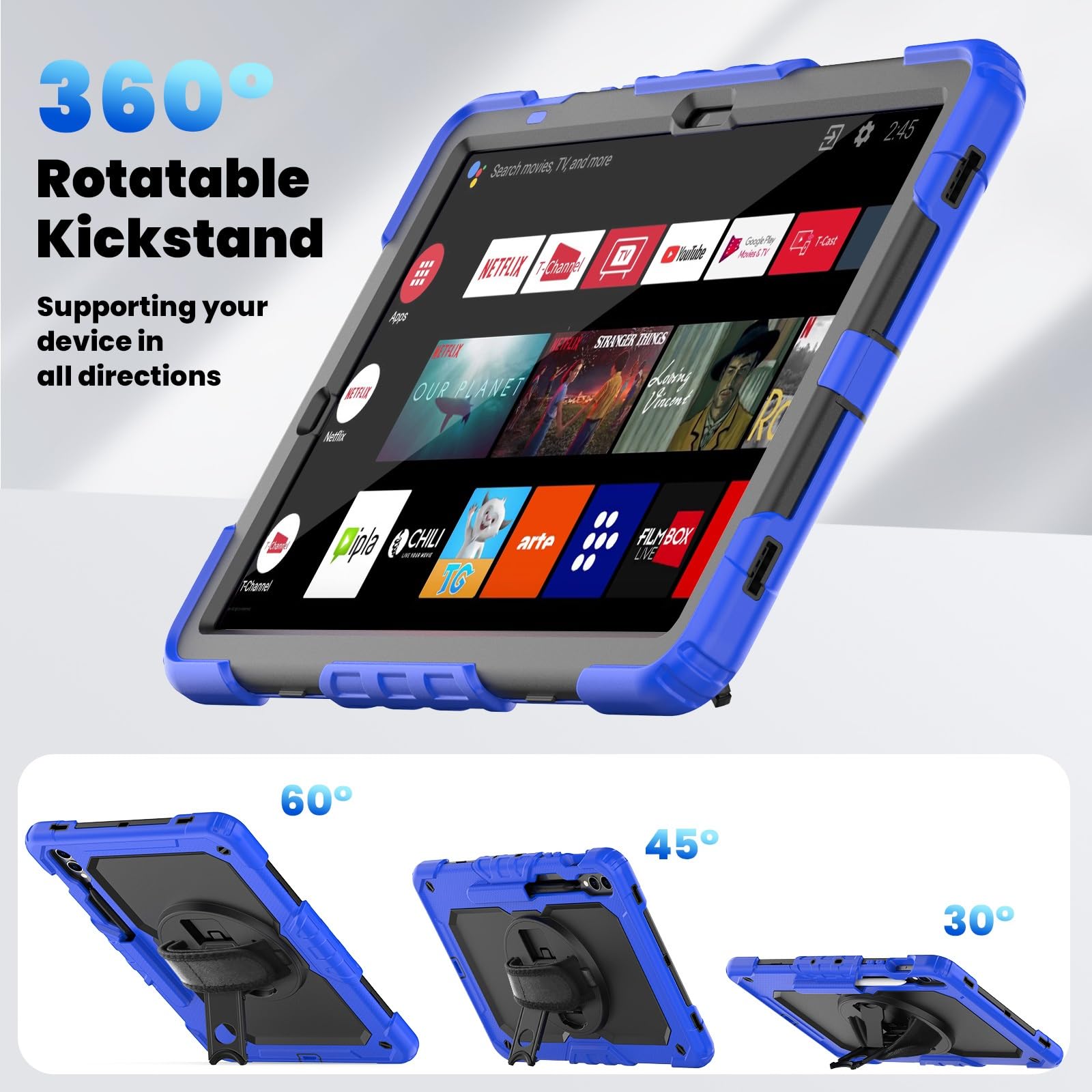 Kompatybilny z Samsung Galaxy Tab S10 Plus 12,4" 2024 SM-X820 Wytrzymały, odporny na wstrząsy futerał TPU, osłona ochronna zabezpieczeniem ekranu Obrotowa podpórka 360° + pasek rękę + ramię(Blu)