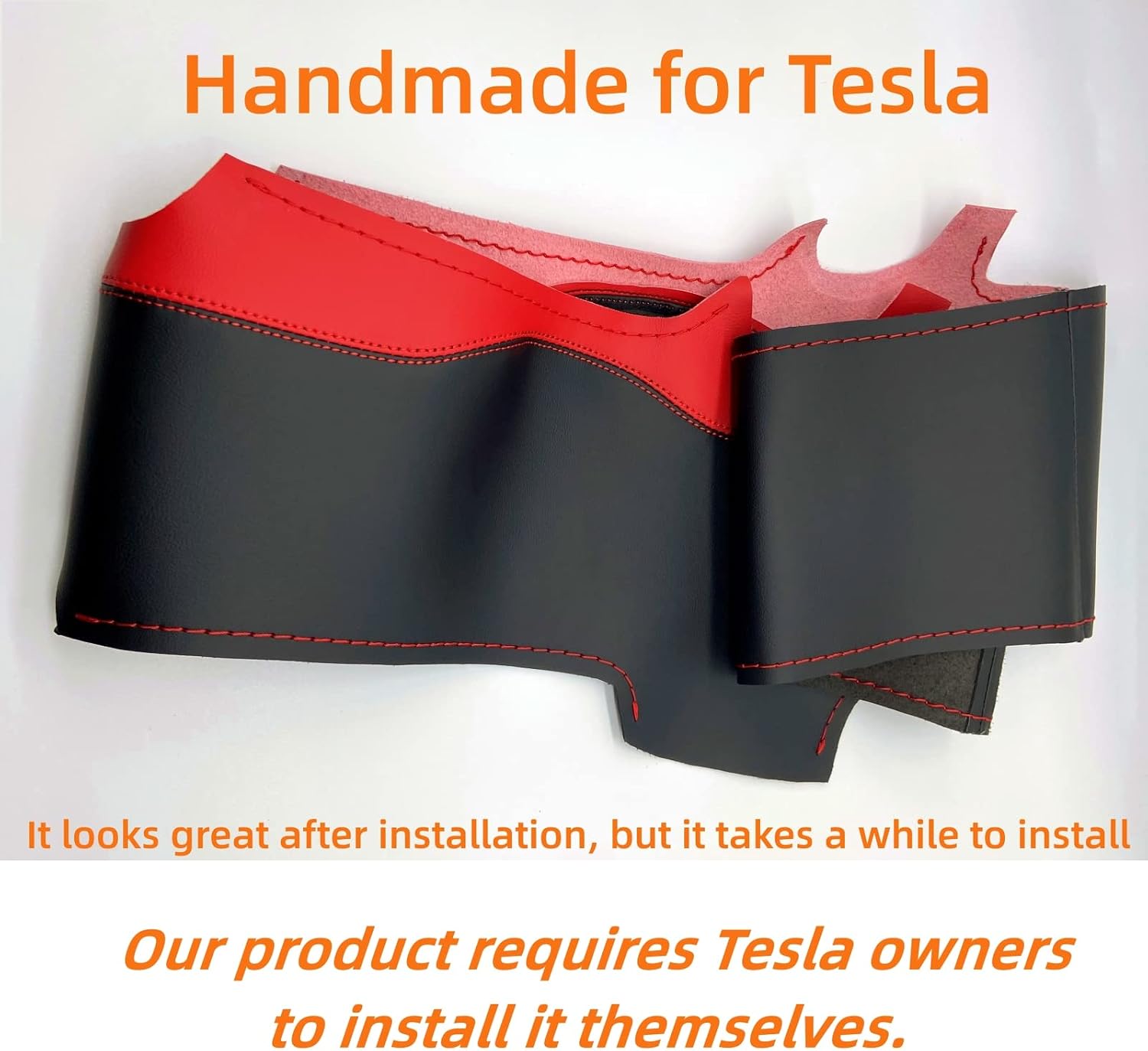 Tesla Steering Wheel Cover Microfiber Leather Hand-Stitched for Tesla Model 3/Model Y (Black-Red)