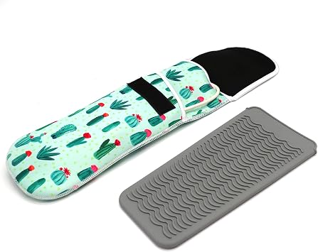 Heat Resistant Travel Hair Curler Flat Iron Pouch and Silicone Mat Set Catcus