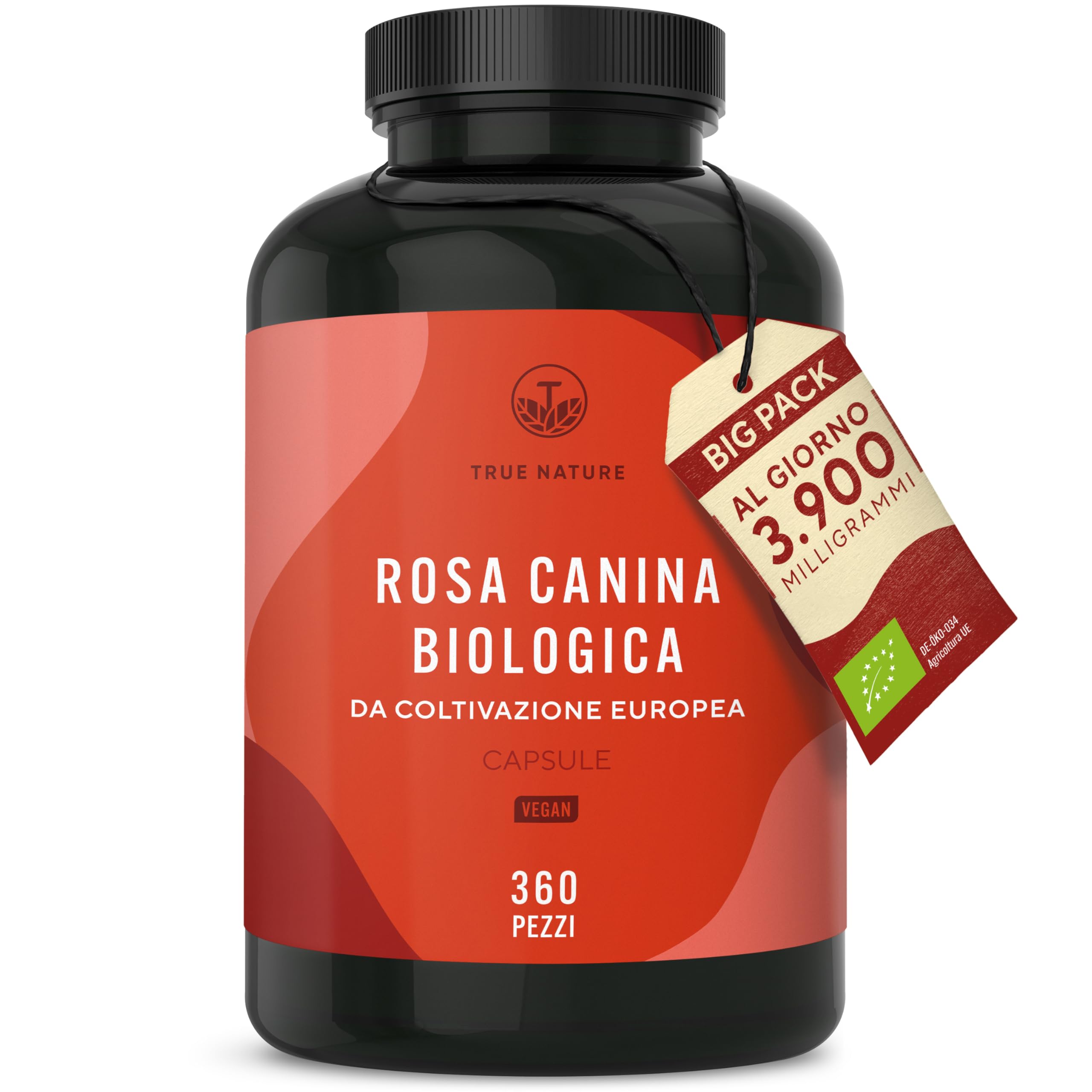 Rosa Canina Biologica - 3900 mg di dosaggio elevato - 360 Capsule (650 mg di polvere di rosa canina) - Vegan, senza glutine e senza lattosio - Testato in laboratorio - TRUE NATURE®