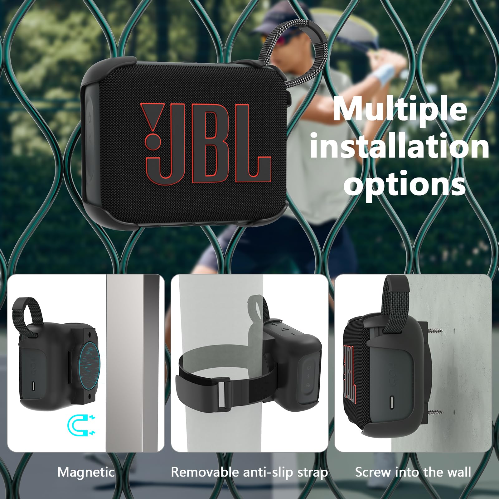 3-in-1 Magnetische Halterung mit abnehmbarem Anti-Rutsch-Gurt für JBL GO 4 Tragbare Bluetooth-Lautsprecher, Golfwagen/Lenker/Stangen/Fahrrad/Motor/Wohnmobile/Geländefahrzeuge & Wandhalterungen