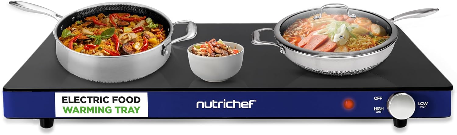 NutriChef Electric Warming Tray | Glass Surface Hot Serving Tray | Adjustable Temperature 140°F to 230°F | Energy Efficient & Space Saving | Perfect for Buffets,Parties & More | 21.2 x 16.5 IN | Blue