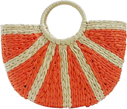 NETFEN Mini bolsa de paja de ratán semicírculo, lindo bolso de mano tejido a mano con asa superior, bolso de mano retro para verano, playa, viajes,
