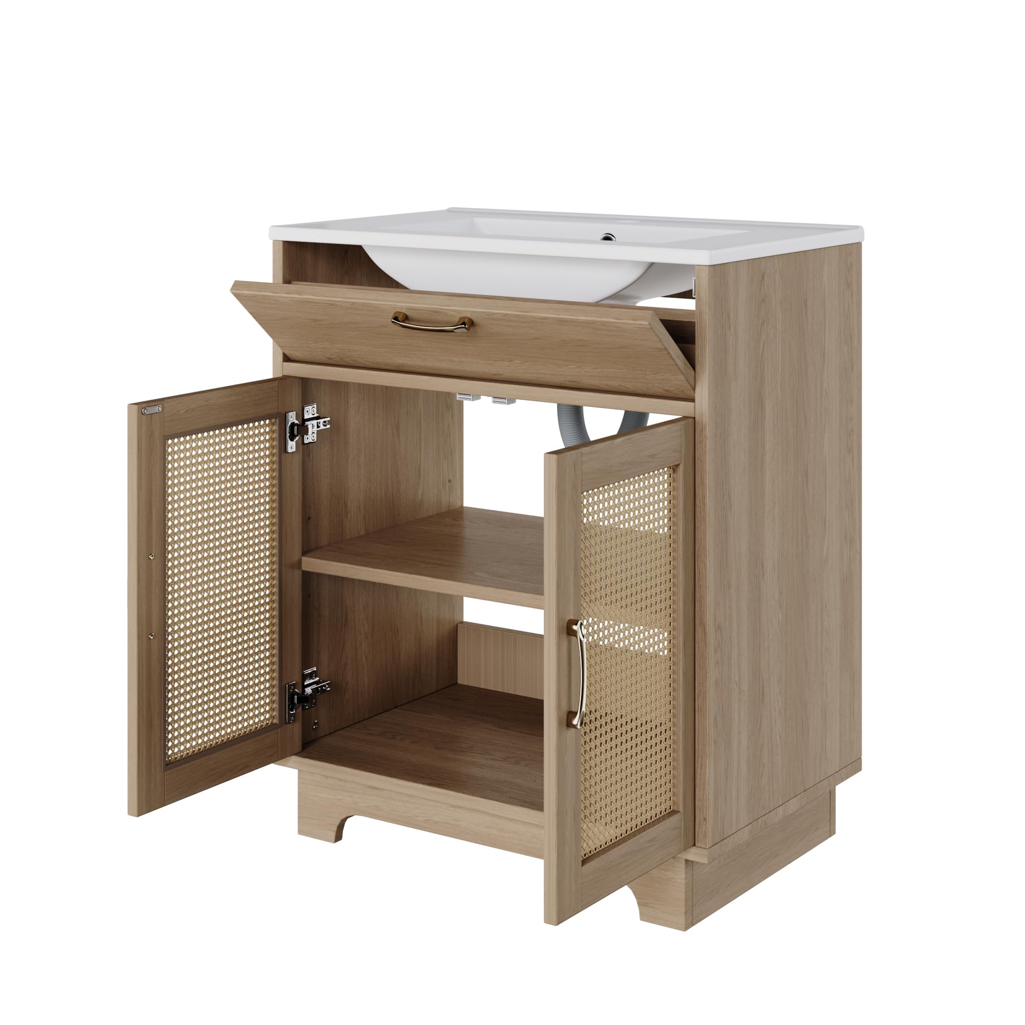 Tocador de baño independiente, resistente a la humedad, con diseño de elevador de cajones y puertas dobles de cierre suave, patas altas con detalles de ratán, lavabo de cerámica, color natural