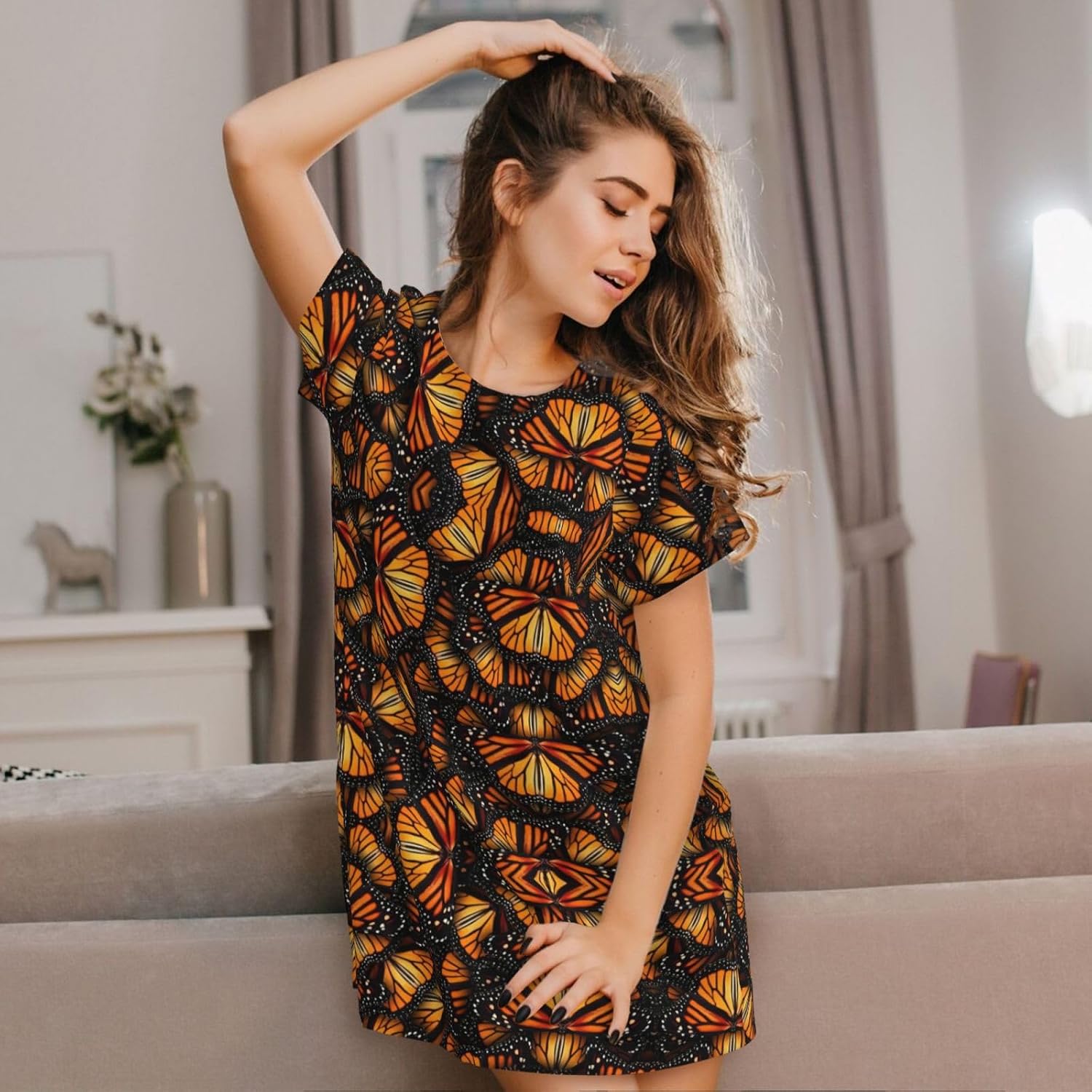 Heaps of Orange Monarch Butterflies Print Sleep Shirts for Women Short Sleeve Night Shirts for Sleeping Pullover