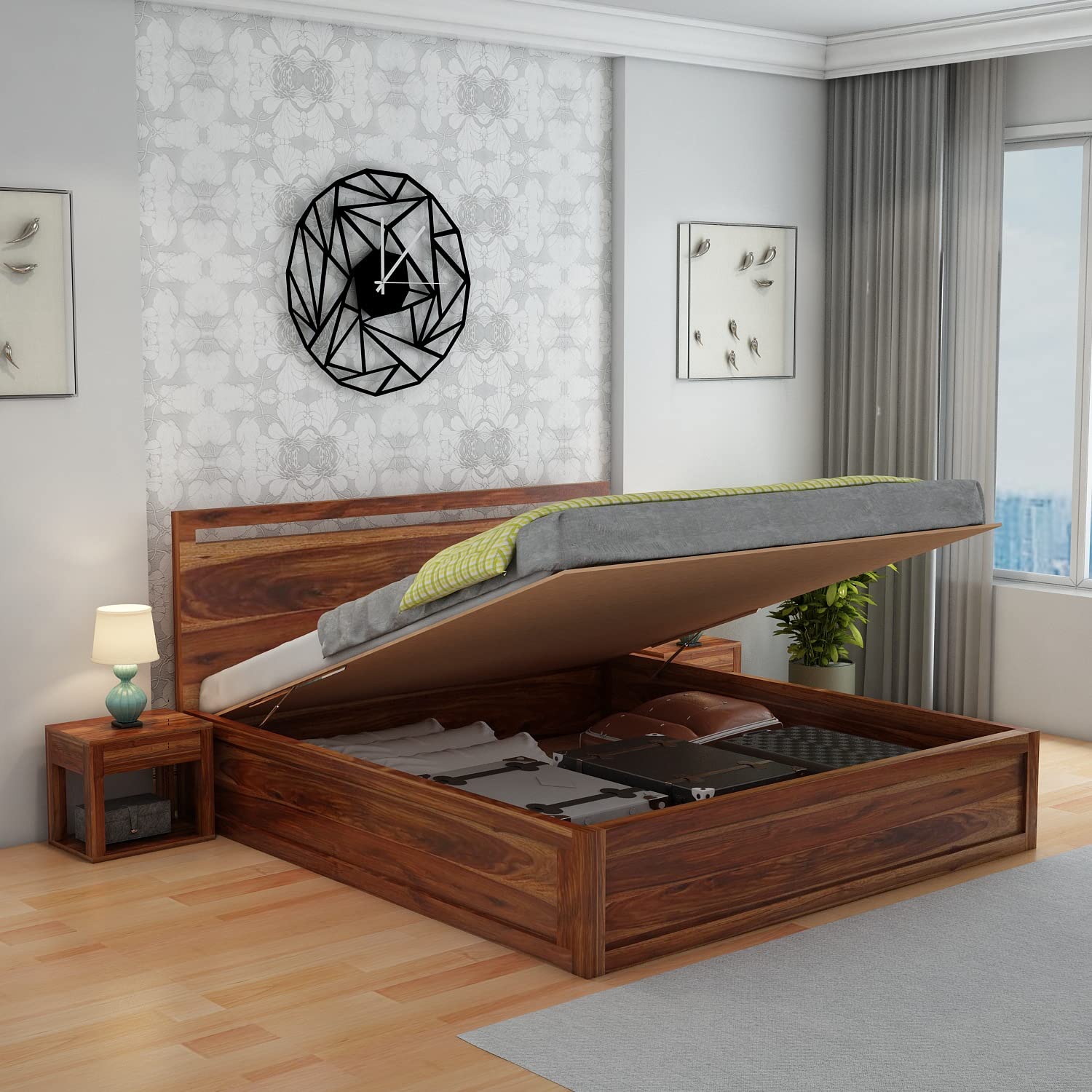 EBANSAL Wooden King Size Hydraulic Bed For Bedroom Solid Wood Double
