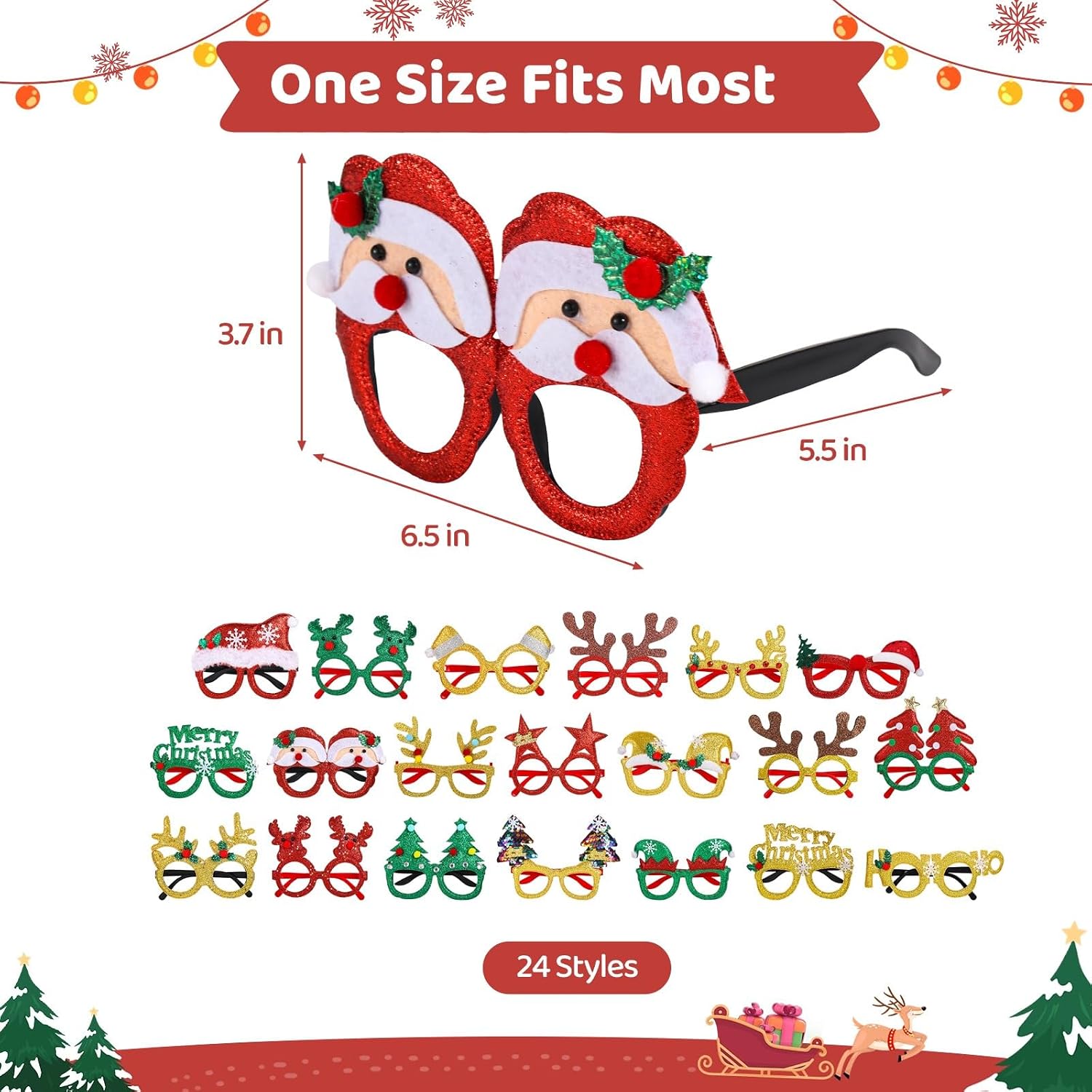 Christmas Eyeglasses, Holiday Party Favors, 24 Pairs, Glitter