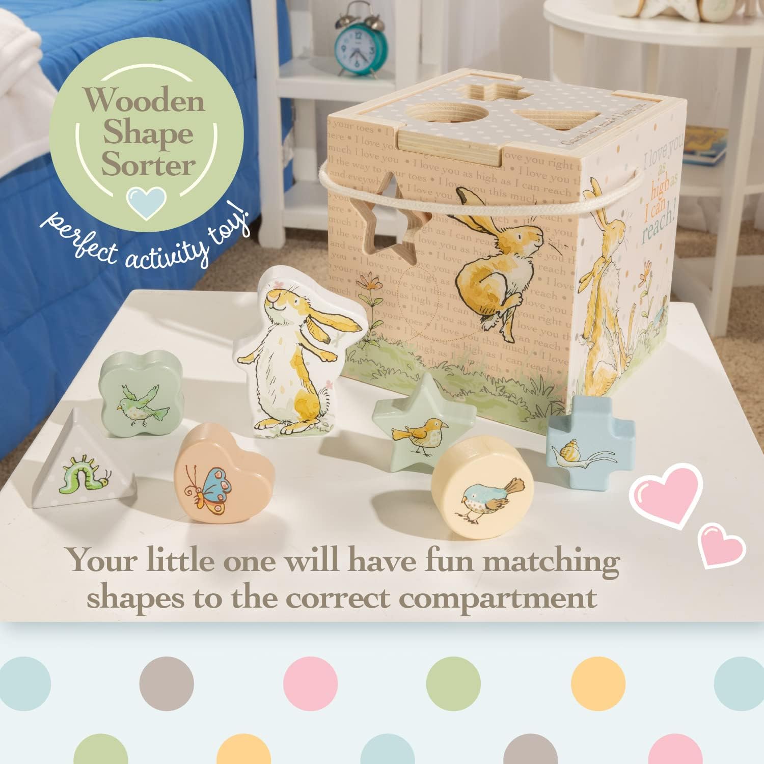 Kids Preferred Guess How Much I Love You Wooden Shape Sorter with Rope Handle, 7 Blocks, and Positive Messaging from The Book Classic Toy for Babies, Toddlers, and Kids