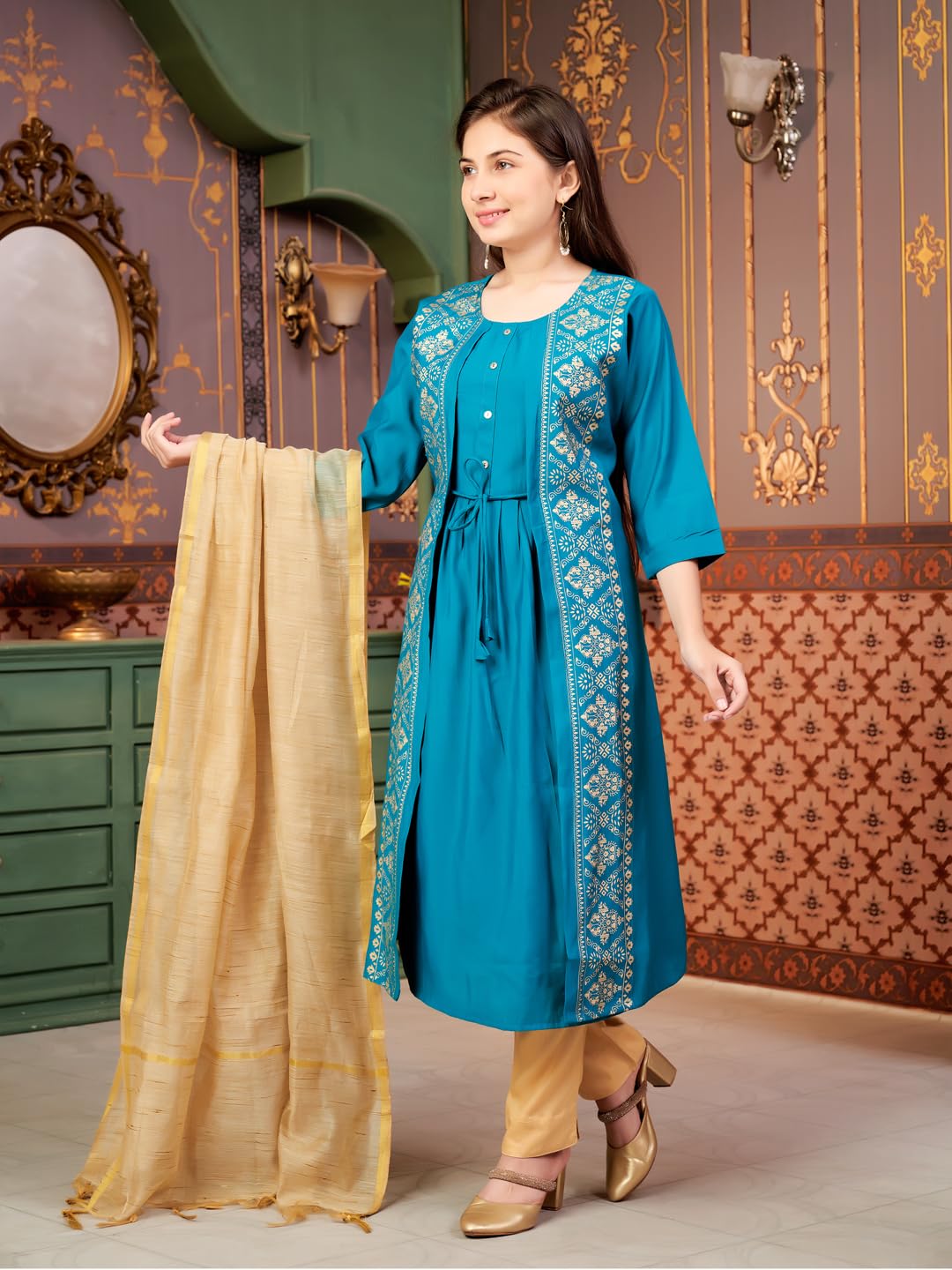 Aarika Girls Ethnic Wear Sea Green Colour Foil Print Silk Kurti-8-15 Years (Kurti-Sd-2933)