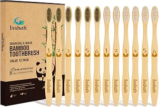 Isshah Bamboo Charcoal Toothbrushes - Eco-Friendly Biodegradable, FSC Certified, PETA Approved, Soft Nylon Bristles, 12 Pack