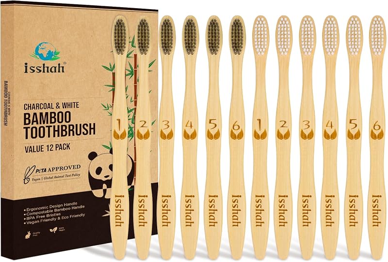 Isshah Cepillo de dientes biodegradable de carbón de bambú - Paquete de 12 - Certificado FSC | Aprobado por PETA. Cerdas de nailon suaves para una limpieza suave. Mango de bambú ecológico. Biodegradable. Paquete de 12.