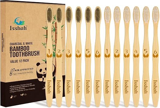 Isshah Biodegradable Bamboo Charcoal Toothbrush - 12 Pack - FSC Certified | PETA approved. Soft nylon bristles for gentle cleaning. Eco-friendly bamboo handle. Biodegradable. 12 pack.