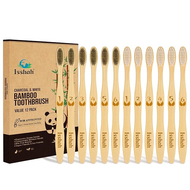 Biodegradable Eco-Friendly Natural Bamboo Charcoal Toothbrushes FSC Certified and PETA Approved - 12 Count
