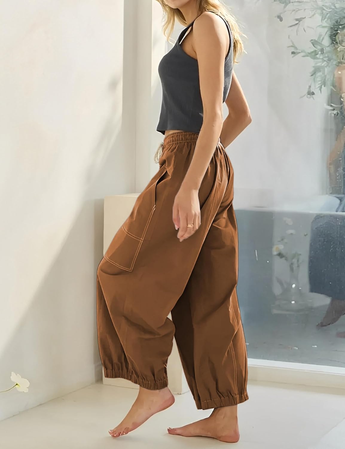 Himosyber Womens Baggy Wide Leg Pants Casual Loose Elastic Drawstring Waist Harem Pants with Pockets - Image 5