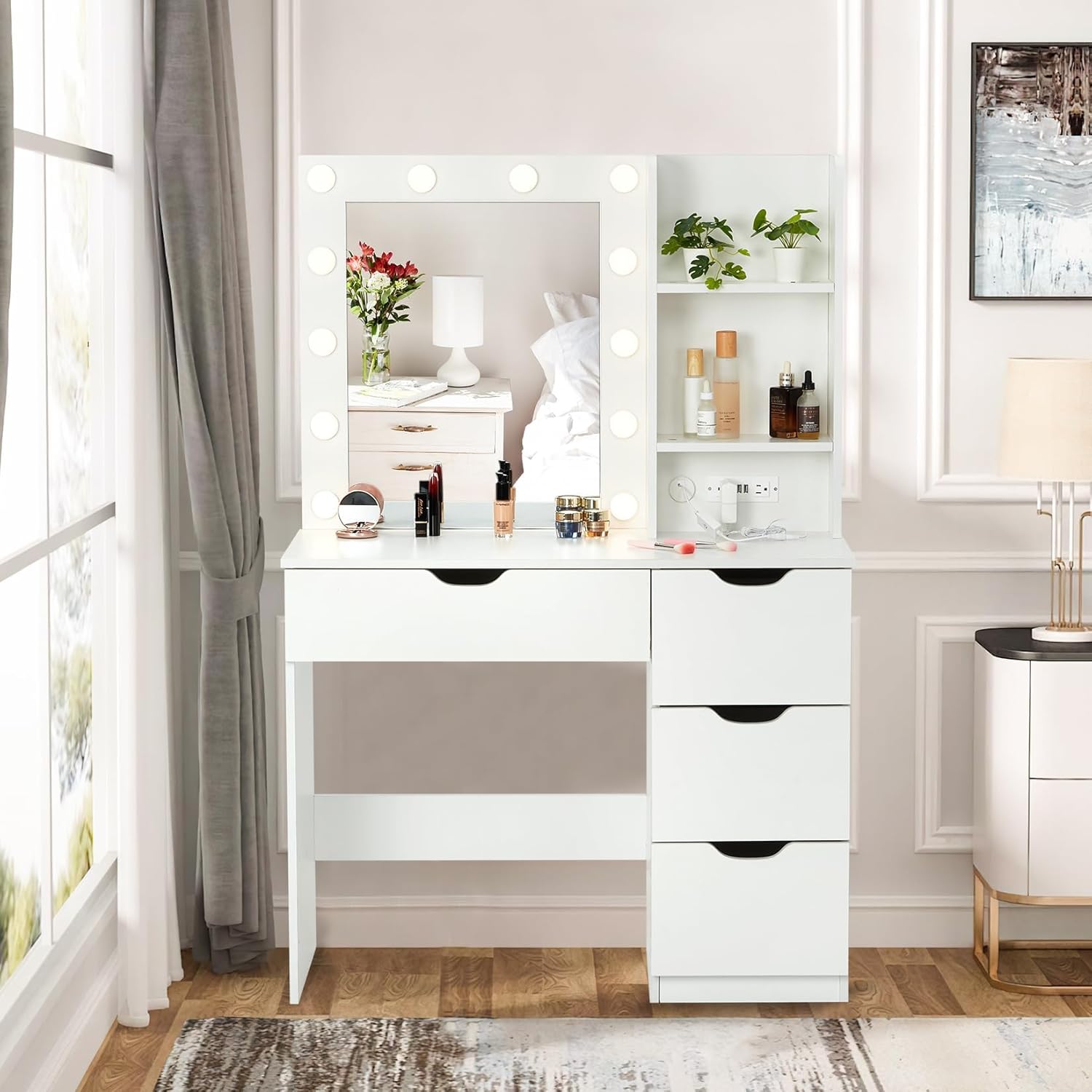 Vanity Desk with Mirror & Light, Makeup Table with Drawers and Power Outlet, 3 Lighting Modes, Bedroom Dressing Table, White