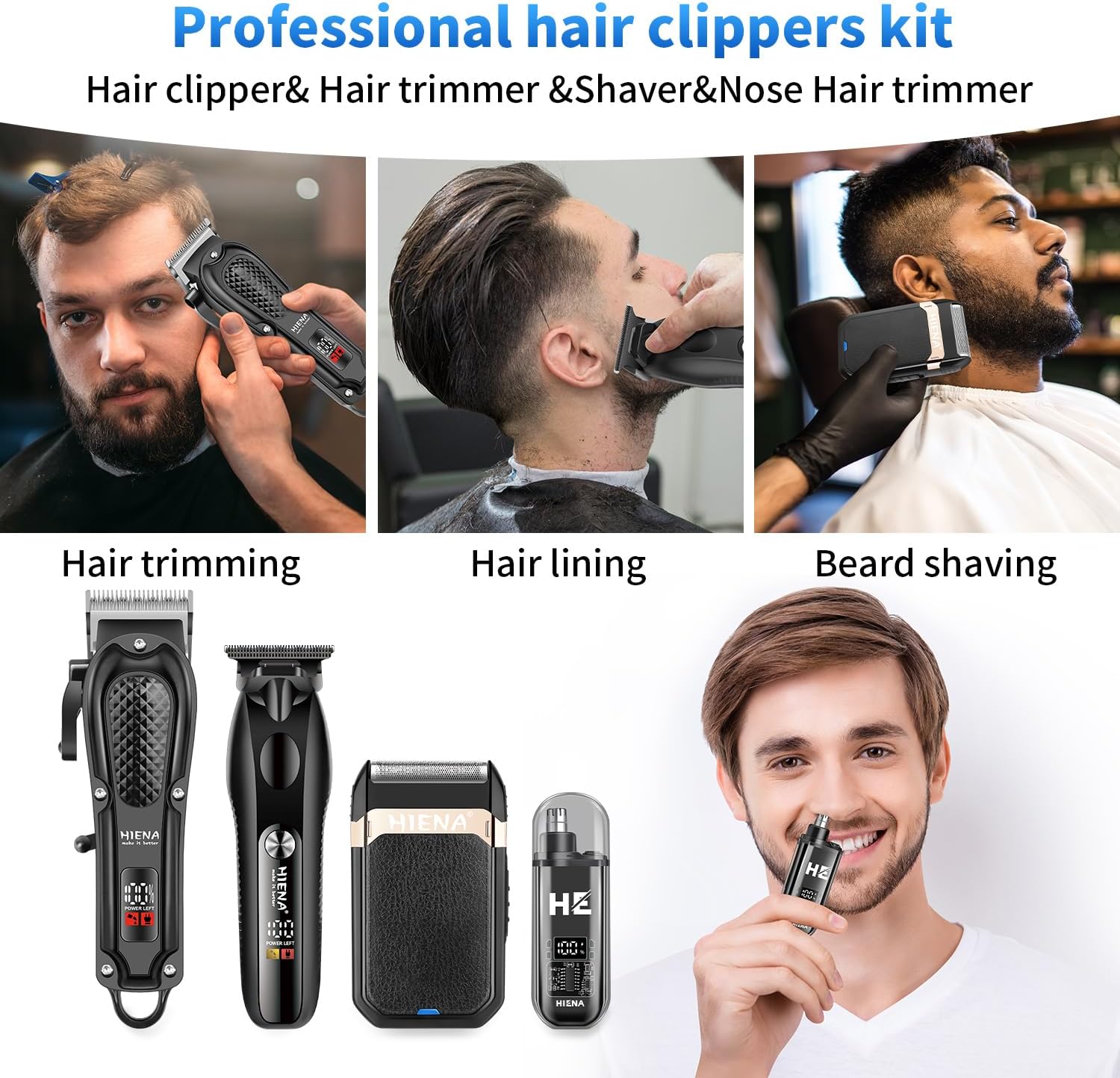 HIENA PRO Hair Clippers for Men Professional, Cordless Barber Clipper & T-Blade Beard/Hair Trimmer Set, Electric Razor Foil Shaver Nose Trimmer Barber Kit, Men's Hair Cutting Kit - Image 7