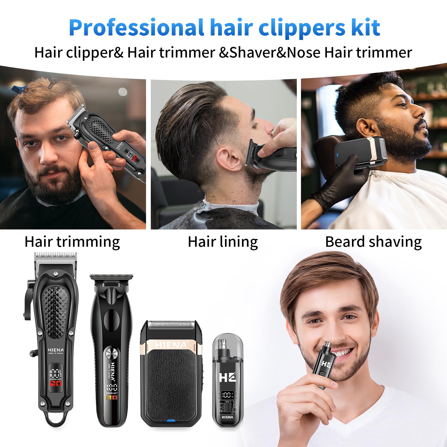 HIENA PRO Tagliacapelli Uomo Professionale, Macchinetta per Capelli Senza Fili, Regolabarba, Rasoio a Lamina, Tagliapeli Naso, Kit Completo per Rasatura e Taglio di Capelli Elettrico