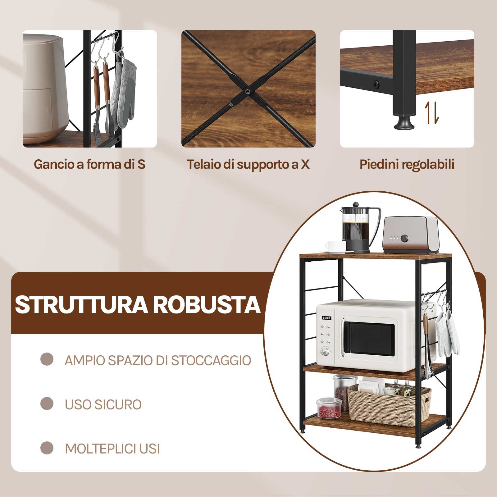 WOLTU Scaffale per Cucina Carrello per Microonde Forno a 3 Ripiani in Metallo e Legno Scaffalature Fioriera Multiuso, Effetto Legno Vintage