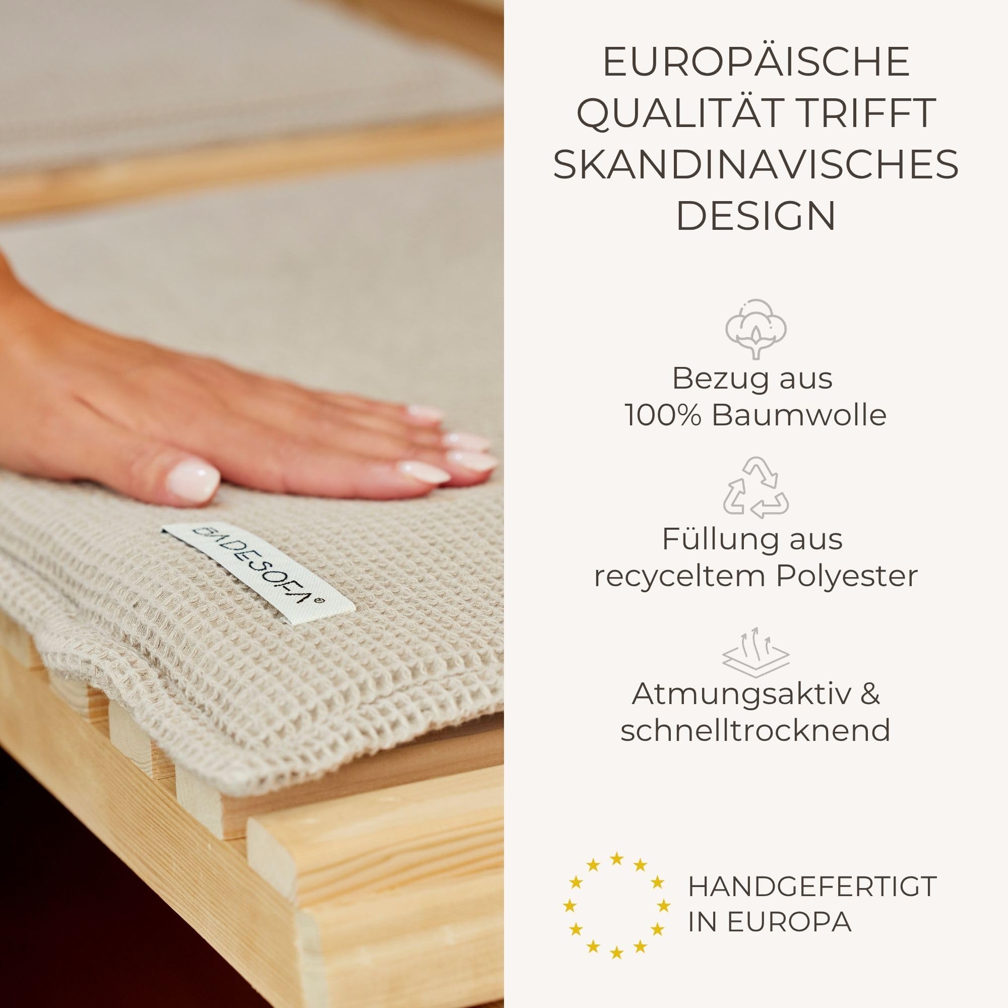 SAUNASOFA Set Long – Saunamatte zum Liegen mit Kissen – Sauna-Auflage für Infrarot & klassische Sauna – Schadstofffrei, waschbar & handgefertigt in Europa – Sauna-Set in Grau