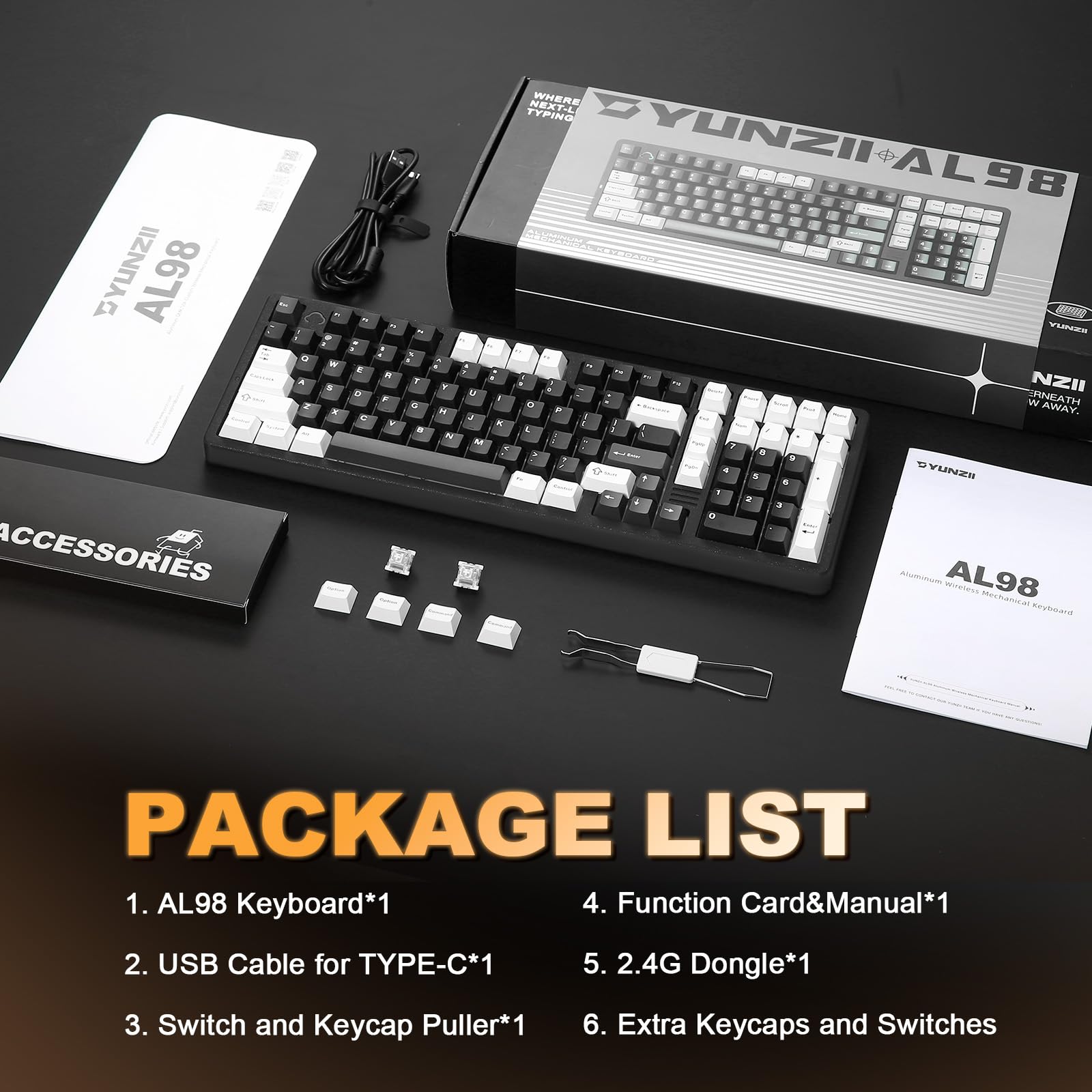 YUNZII AL98 QMK/VIA Bezprzewodowa Mechaniczna Klawiatura Gamingowa, Pełna Aluminiowa Obudowa, BT/2.4G/USB-C, Podświetlenie RGB dla Win/Mac (Czarny, Milk V2 Linear)