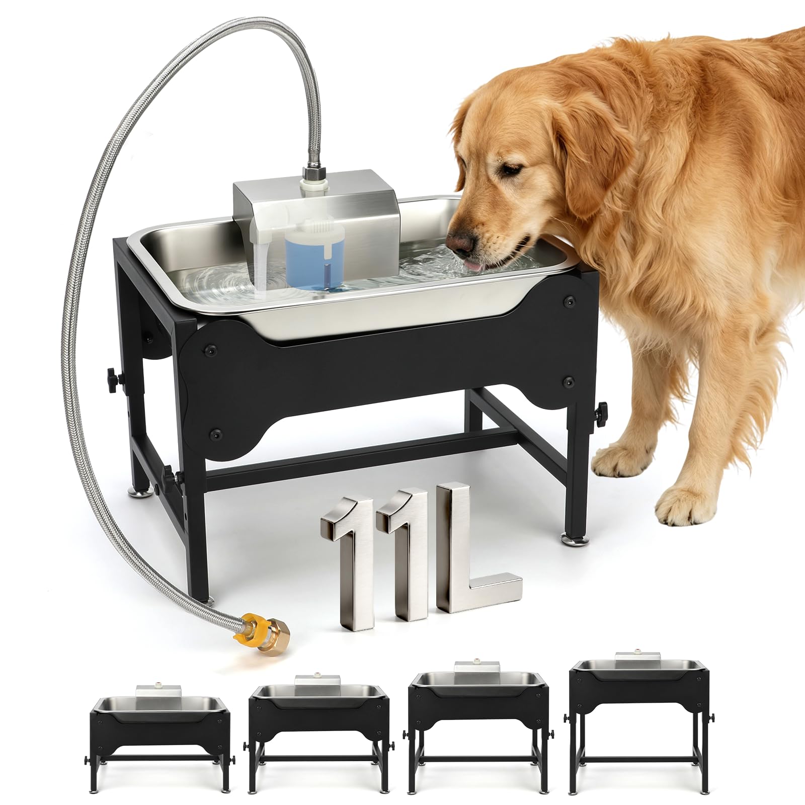 BWOGUE Dispensador automático de cuenco de agua para perros de 3 galones para razas grandes al aire libre, dispensador automático elevado de agua para perros exteriores, bebedero de acero inoxidable
