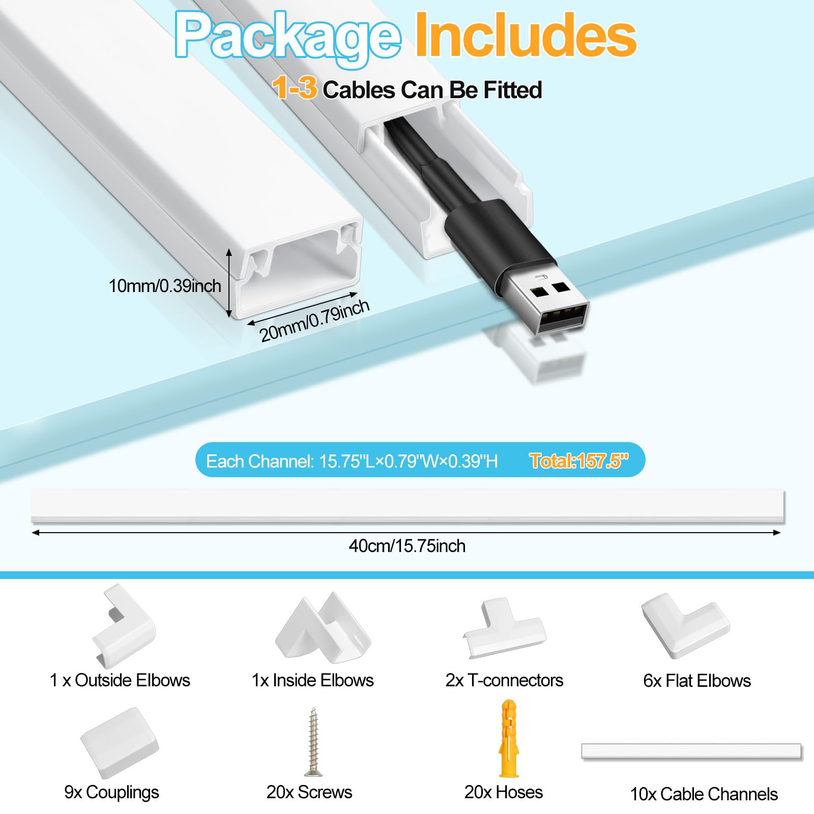 Romon Canalina Passacavi Muro, Kit di Canaline Passacavi da 4 m Bianca - Copri Cavi Verniciabili per TV - Canalina Passacavi Adesiva con Raccordi, Gomiti, Nastro per cavi, 0.4m*20mmx10mm, 10 Pezzi