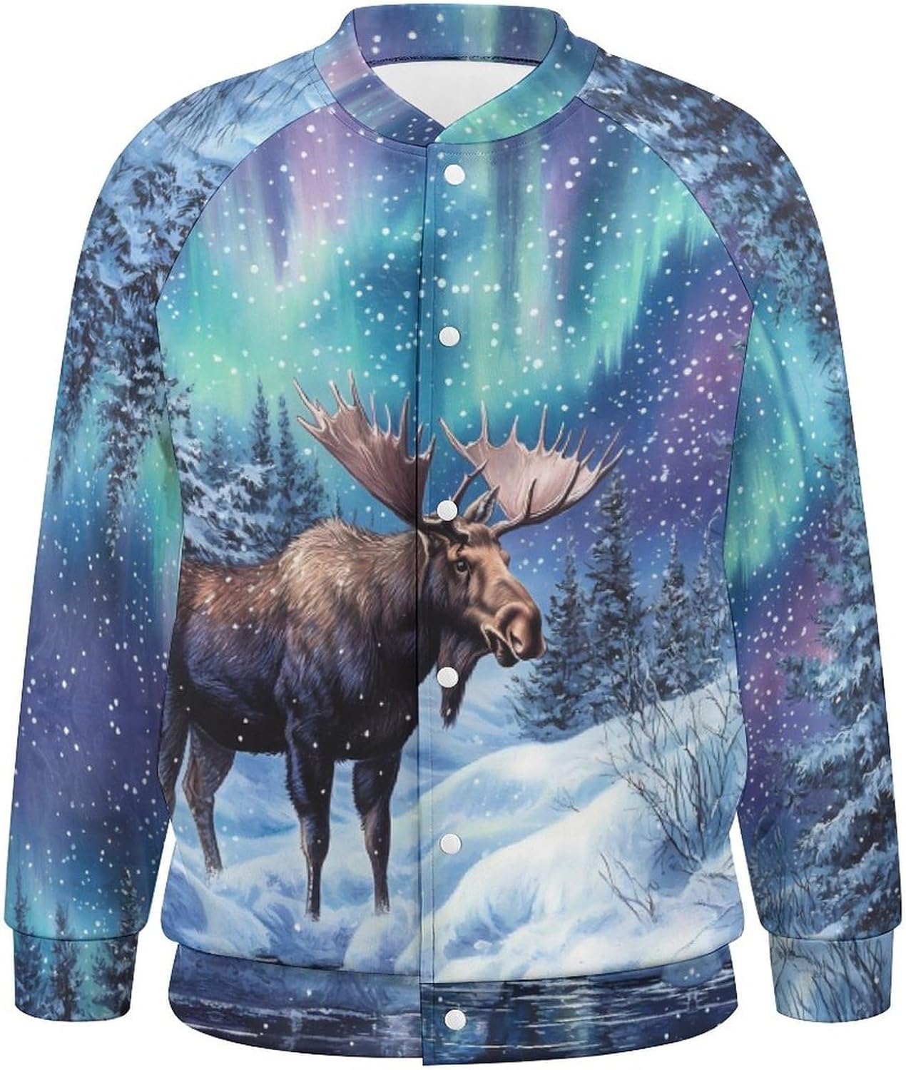 Alaskan Moose with Aurora Borealis Novelty Men's Baseball Jackets Causal Sweatshirt Button Top Long Sleeve Coat