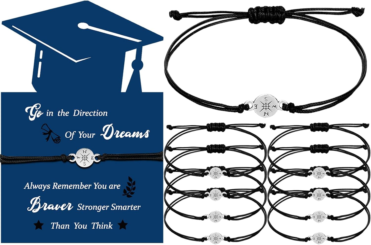 Woanger 50 Sets Compass Bracelet Graduation Gift Grad Party Favors Senior Night Gifts for Students 2026 Adjustable Bracelet with Card College High School Inspirational Gifts for Classmates