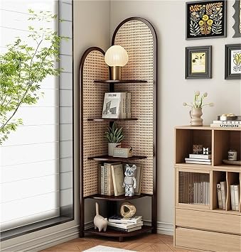 Rattan Corner Bookshelf with 5 Tier Storage, Tall Corner Shelf, Corner Display Cabinet Display Shelf, Rustic Corner BookcaseBrown