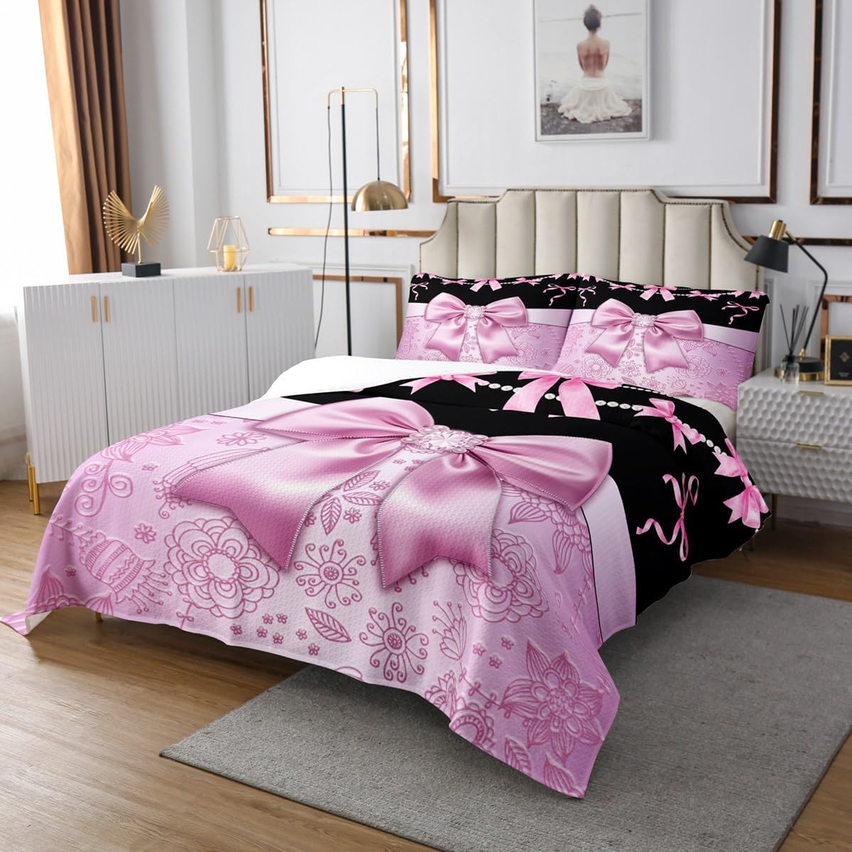 Erosebridal Princess Bowknots Bedspread Set Queen,Pearl Necklace Coverlet Set with Various Bow Design,Vintage Flower Floral Print Bed Set,Coquette Aesthetic Bedding Set for Girls Women