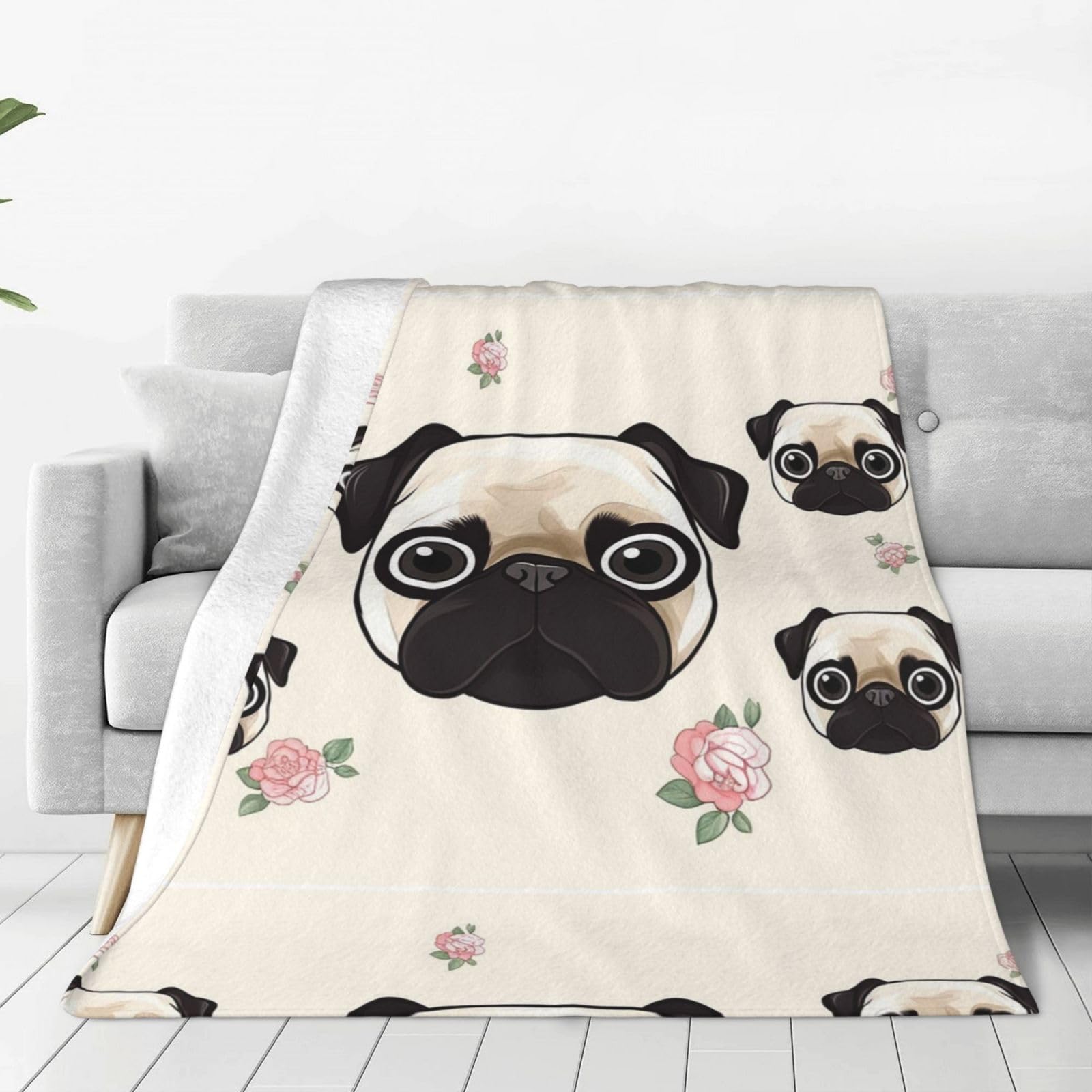 Line Pug Throw Blanket for Couch, Plush Fuzzy Soft Flannel Blankets and Throws for Sofa, 50"x40" Bed Blankets for Travel Camping Chair, All Season Warm Fleece Blanket