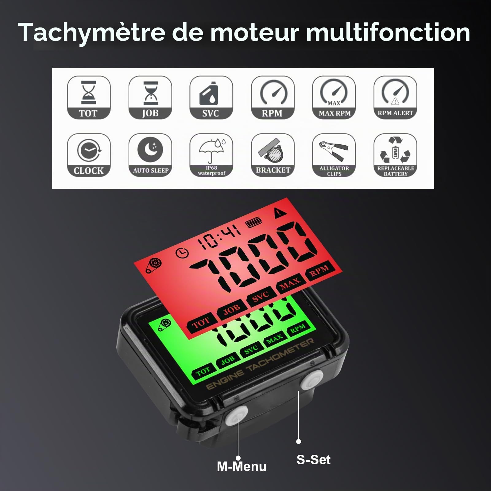 Tachymètre Numérique LCD 18 000 tr/min avec Compteur Horaire | Tachymètre avec Induction Sans Fil, Surveillance de Batterie, Étanchéité et Rappel D'entretien pour Moto, Tondeuse, etc