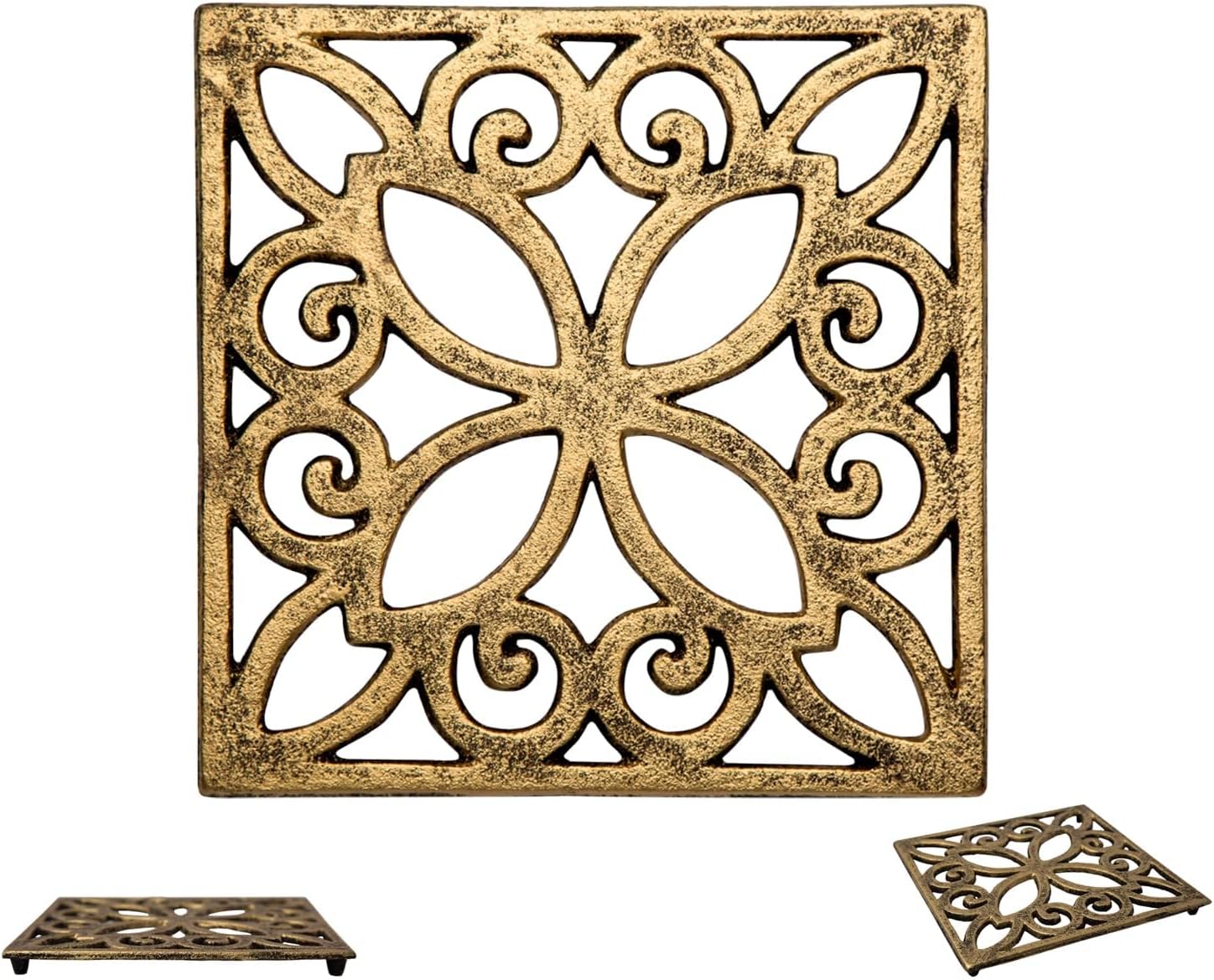 Comfify Decorative Cast Iron Trivet for Kitchen or Dining Table – Square with Vintage Pattern – 6.5" x 6.5" – Rubber Pegs – Recycled Rustic Metal – Gold with Black