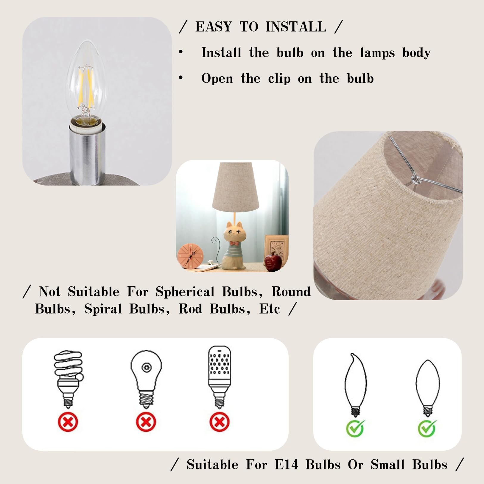 Lot de 6 petits abat-jours à clipser sur tambour en tissu de lin pour ampoules bougies Accessoires d'éclairage